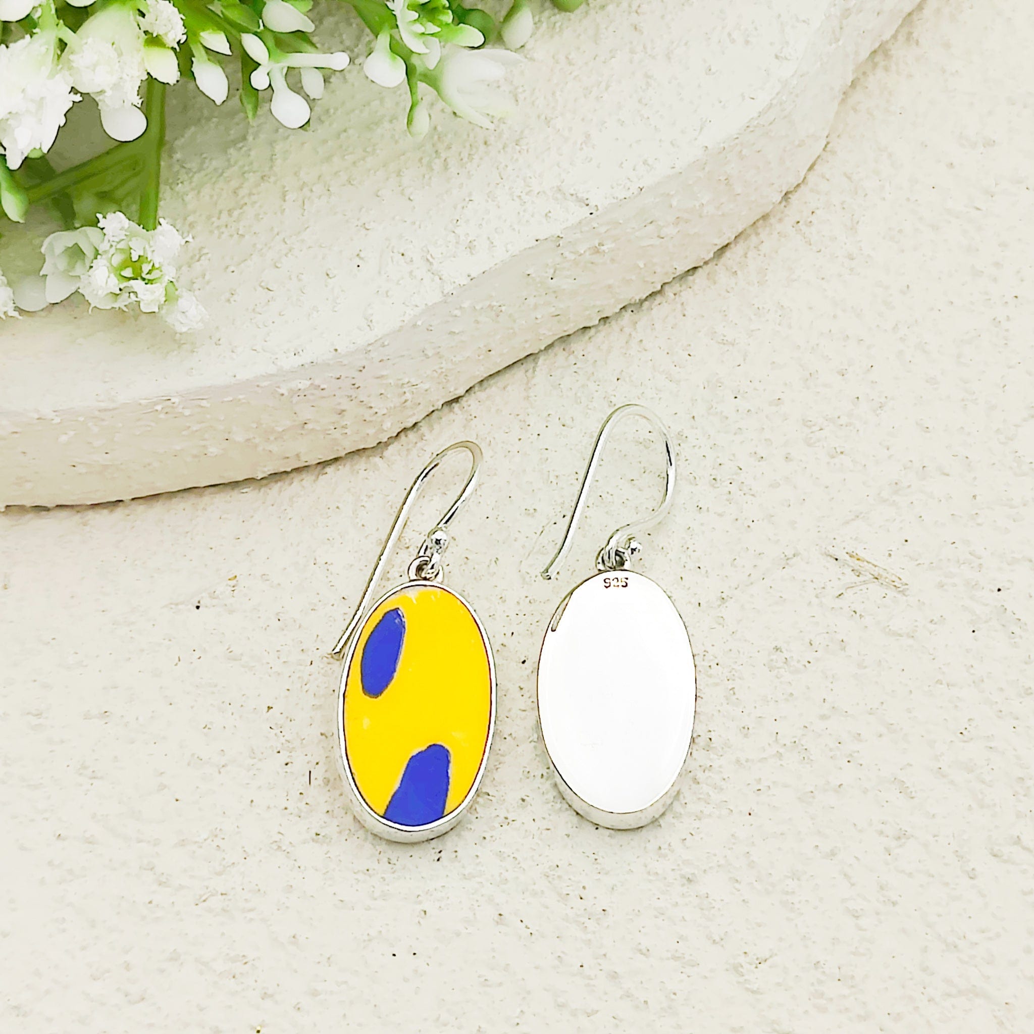 Hepburn and Hughes Art Deco Earrings | Clarice Cliff Ceramics | Oval Orange and Blue | Sterling Silver