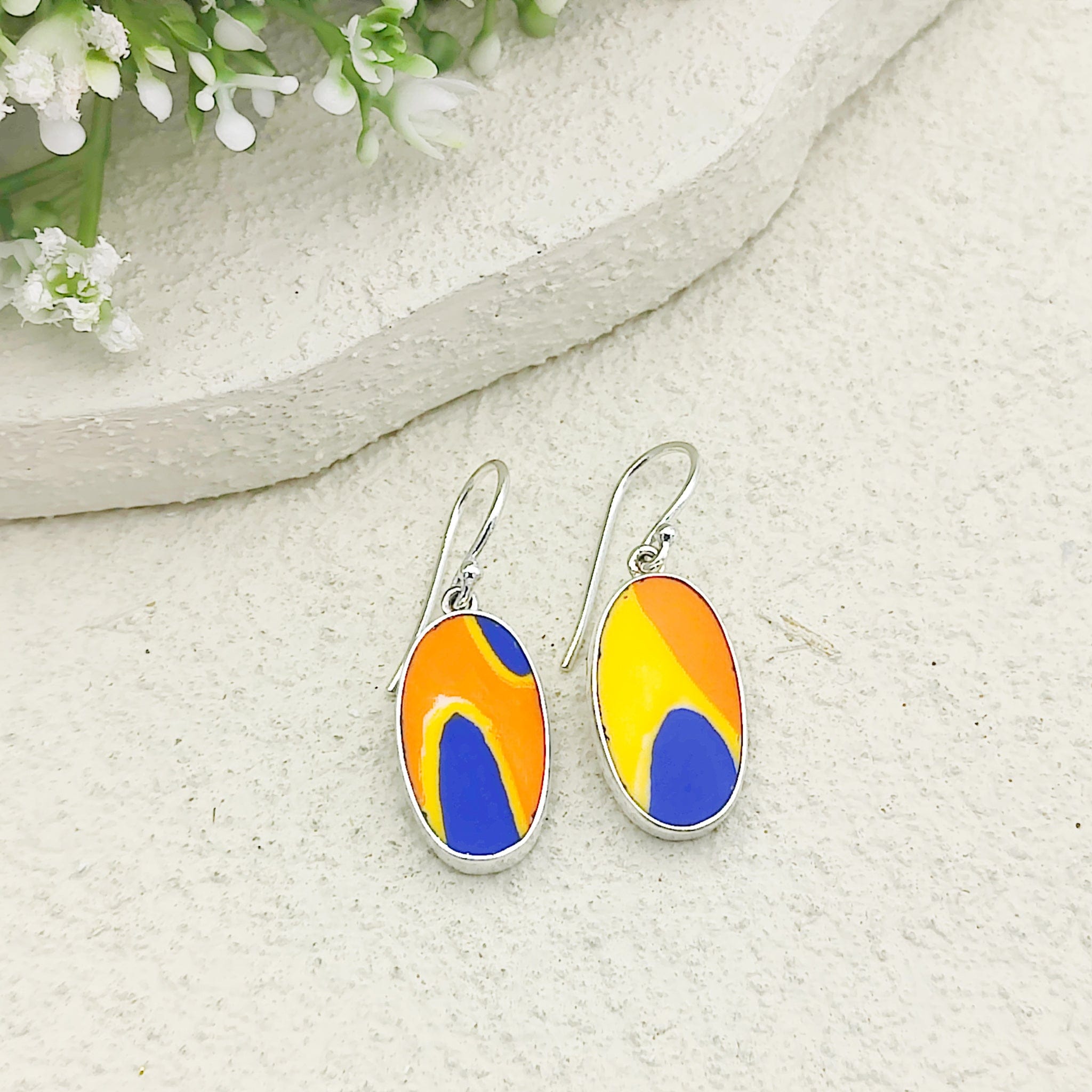 Hepburn and Hughes Art Deco Earrings | Clarice Cliff Ceramics | Oval Orange and Blue | Sterling Silver