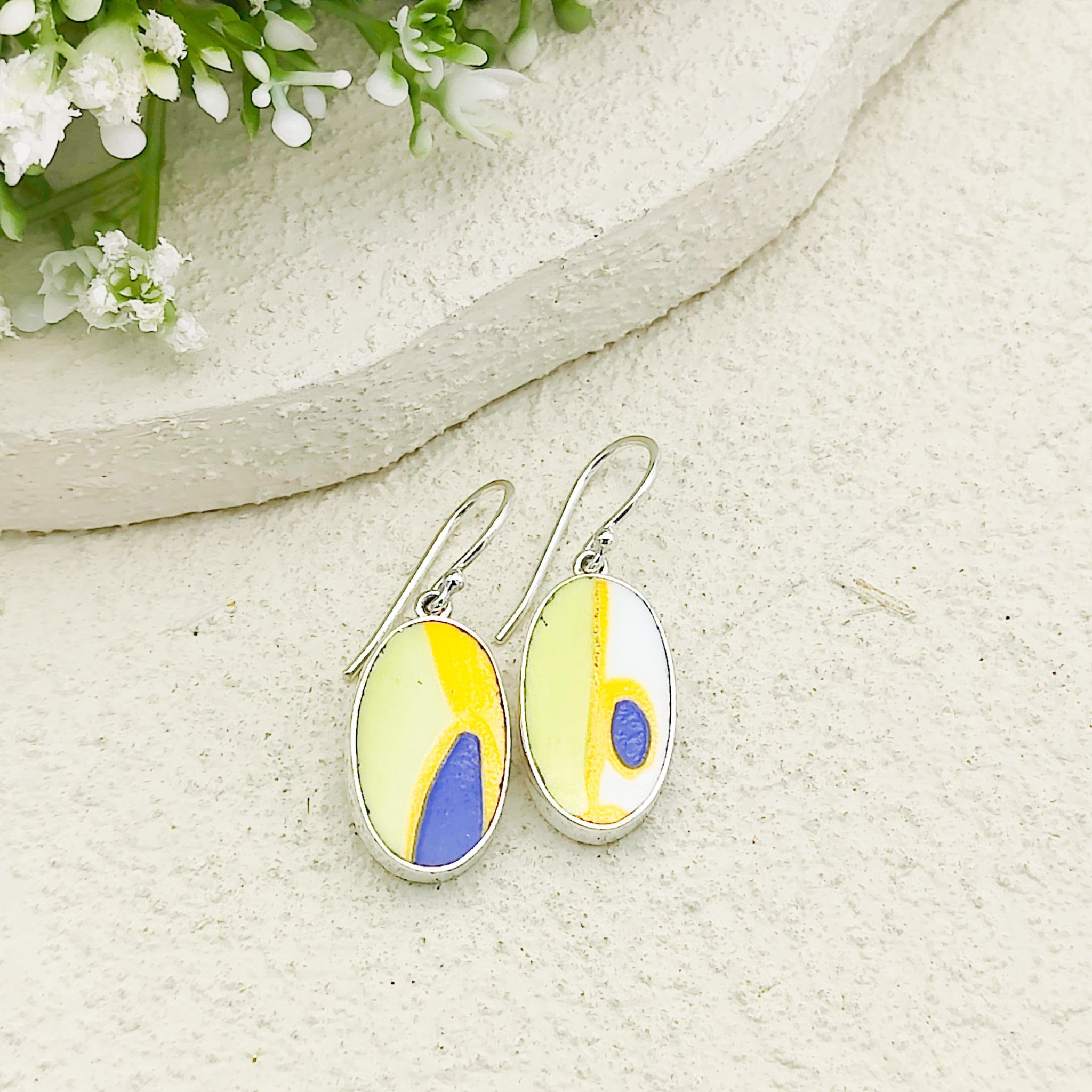 Hepburn and Hughes Art Deco Earrings | Clarice Cliff Ceramics | Oval Orange and Blue | Sterling Silver