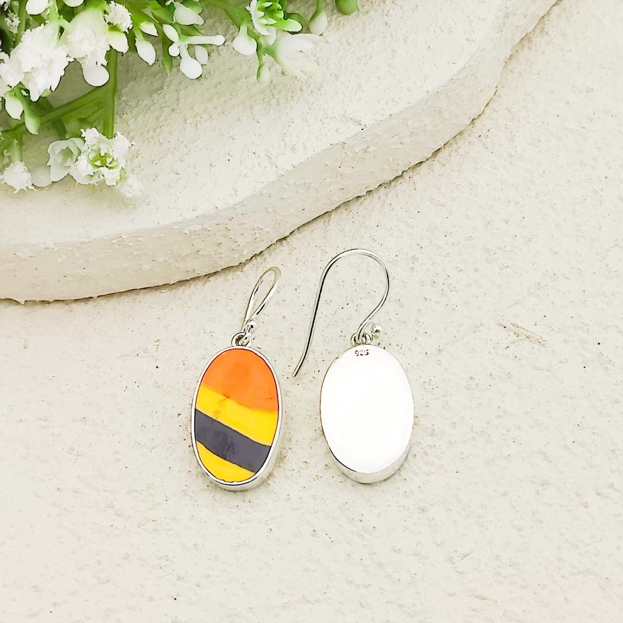 Hepburn and Hughes Art Deco Earrings | Clarice Cliff Ceramics | Oval Orange, Yellow and Black | Sterling Silver