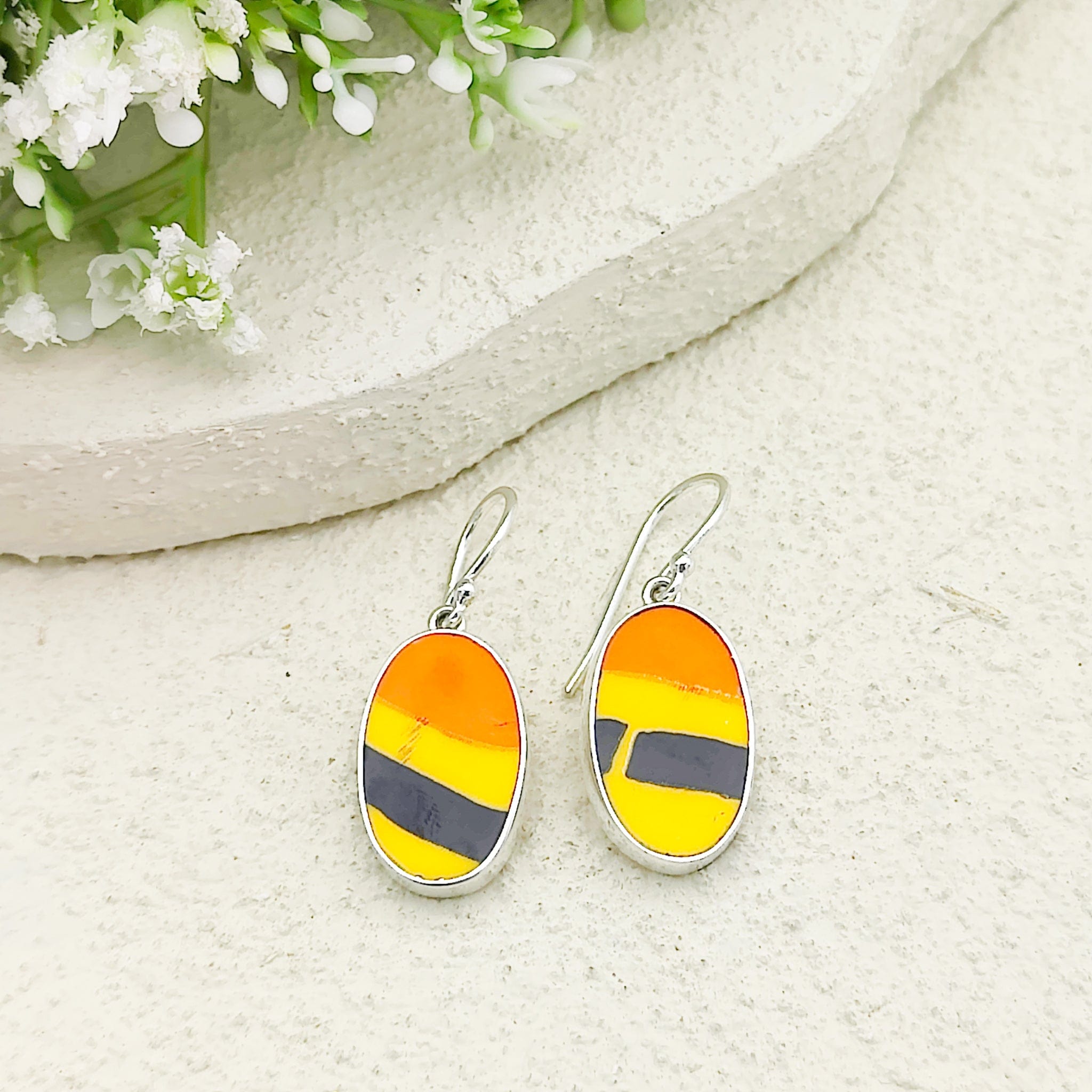 Hepburn and Hughes Art Deco Earrings | Clarice Cliff Ceramics | Oval Orange, Yellow and Black | Sterling Silver
