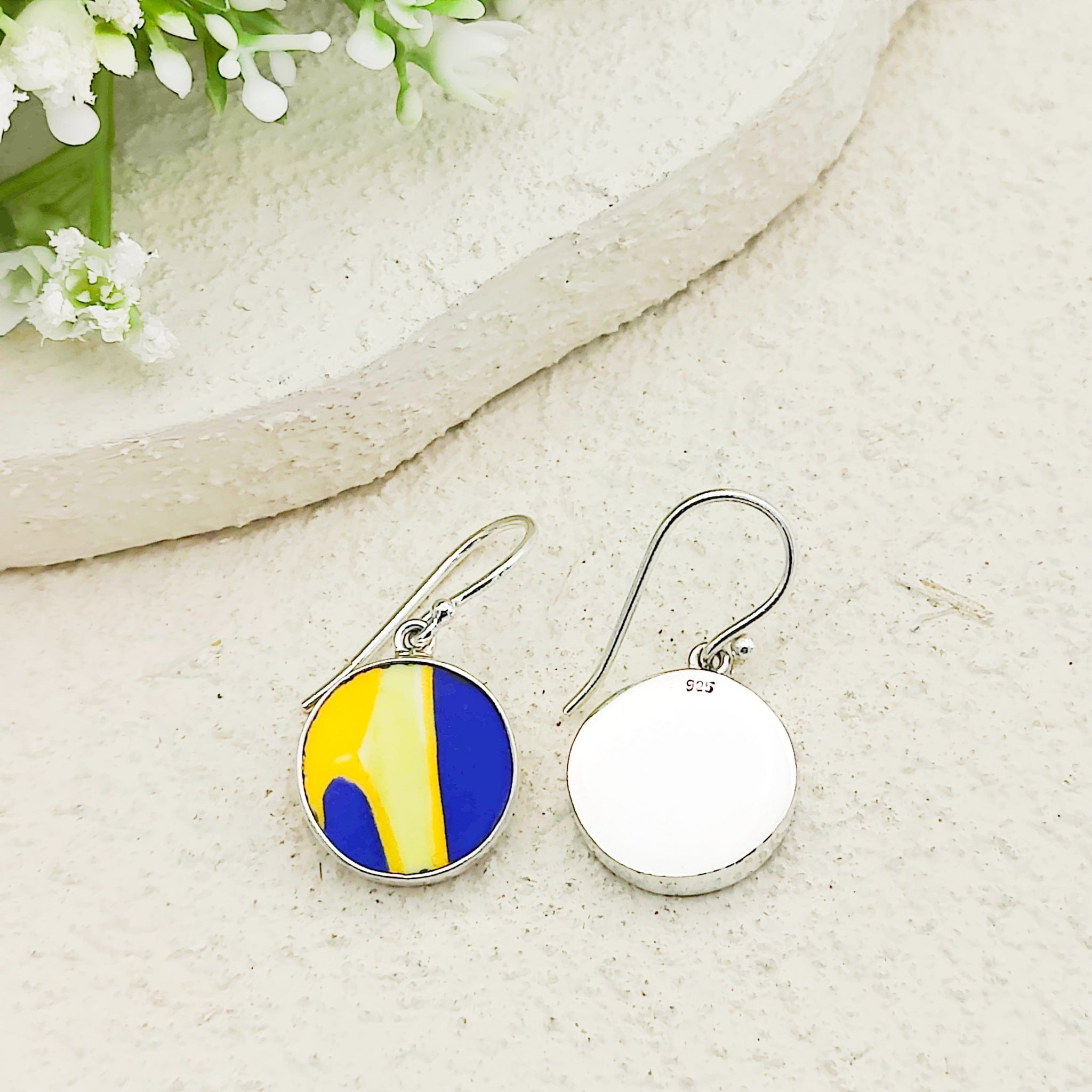 Hepburn & Hughes Art Deco Earrings | Clarice Cliff Pottery | 15mm Blue and Yellow Circles | Sterling Silver