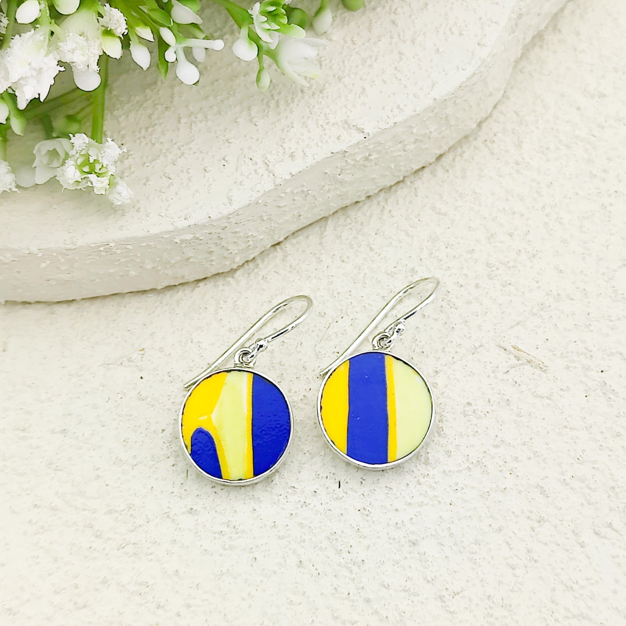 Hepburn & Hughes Art Deco Earrings | Clarice Cliff Pottery | 15mm Blue and Yellow Circles | Sterling Silver
