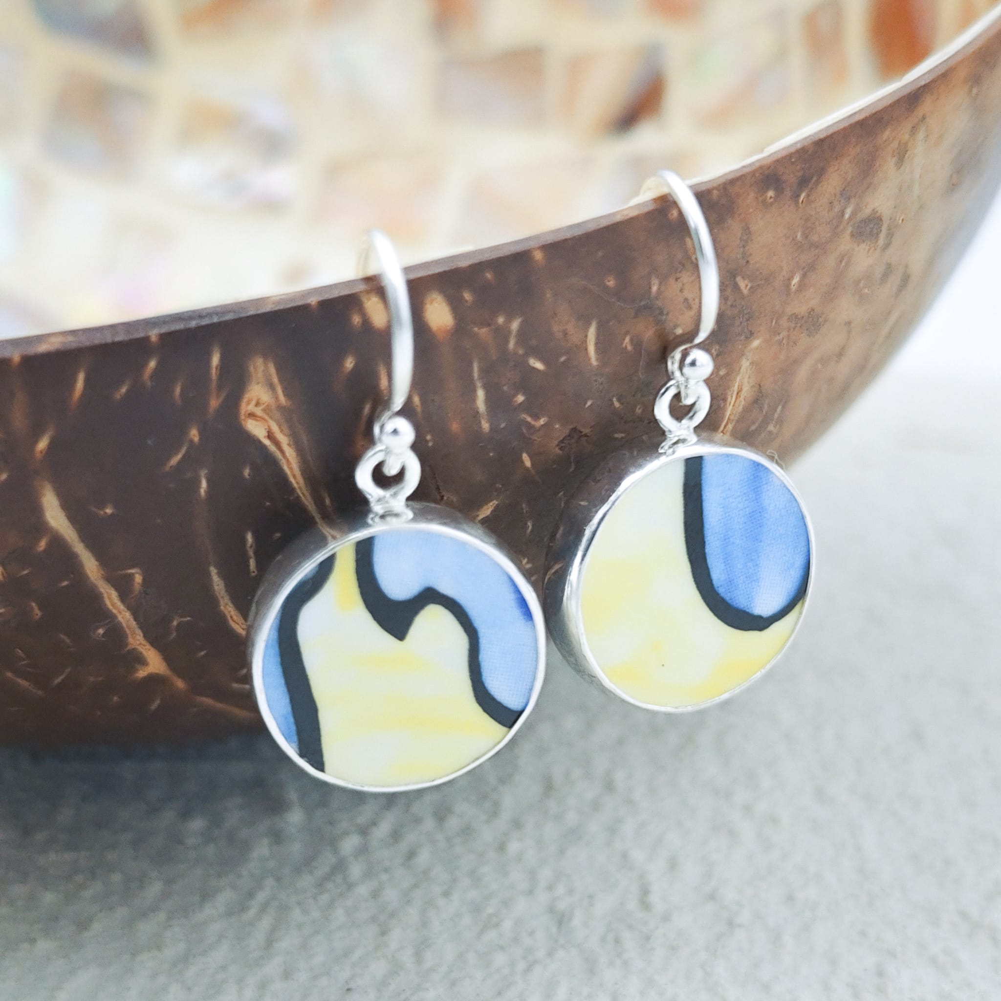 Hepburn and Hughes Art Deco Earrings in Sterling Silver | Clarice Cliff Ceramics | Garden Blue plate