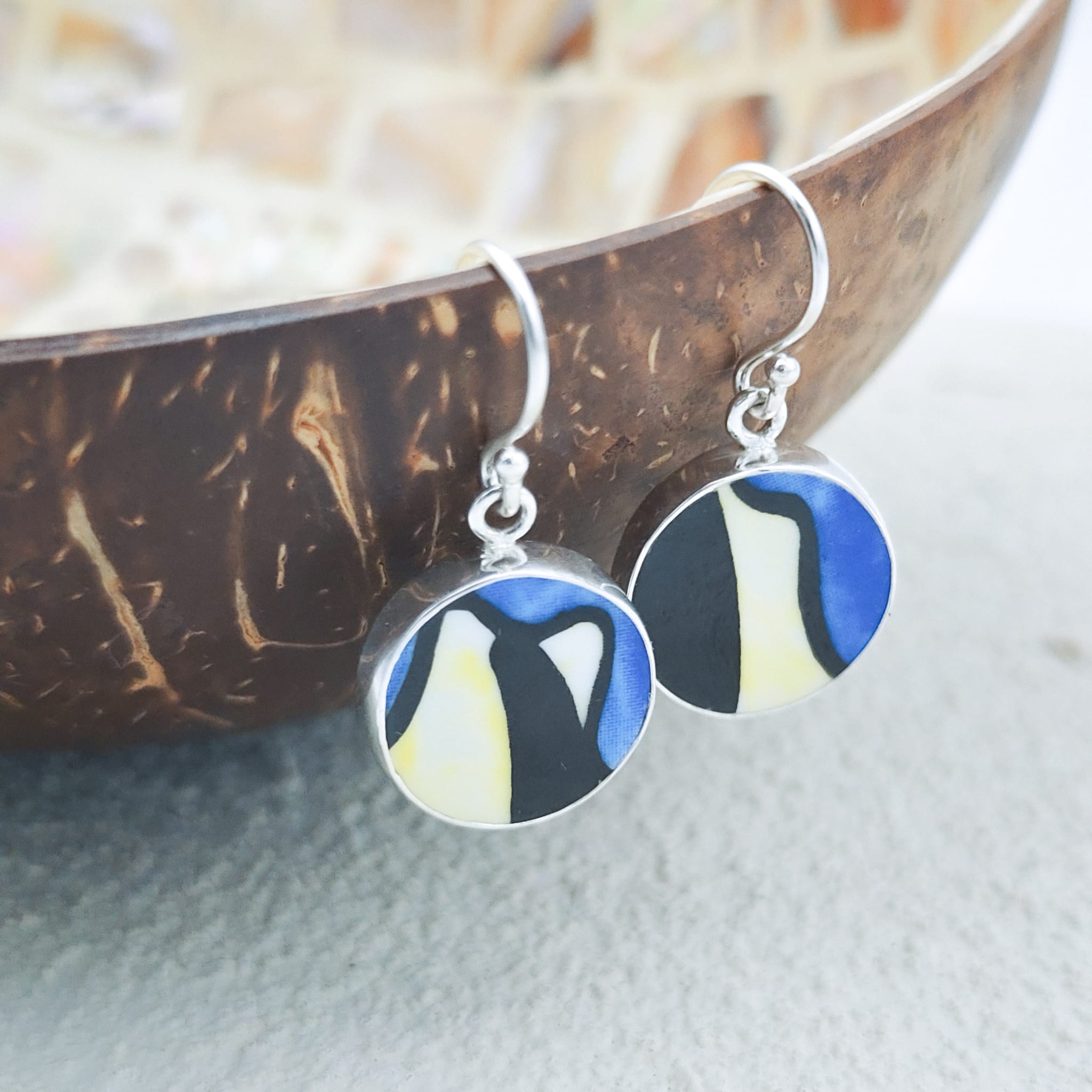 Hepburn and Hughes Art Deco Earrings in Sterling Silver | Clarice Cliff Ceramics | Garden Blue plate