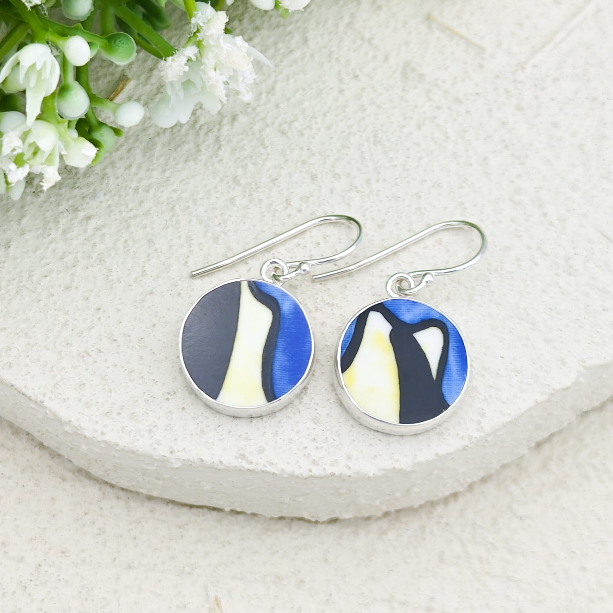 Hepburn and Hughes Art Deco Earrings in Sterling Silver | Clarice Cliff Ceramics | Garden Blue plate
