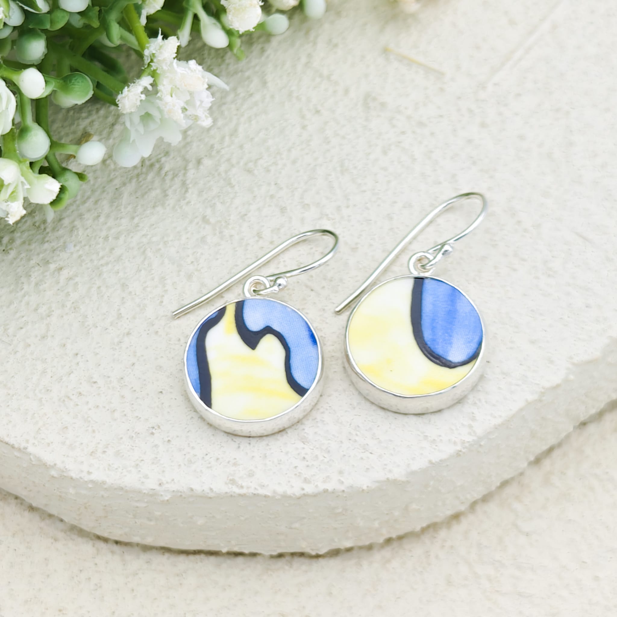 Hepburn and Hughes Art Deco Earrings in Sterling Silver | Clarice Cliff Ceramics | Garden Blue plate