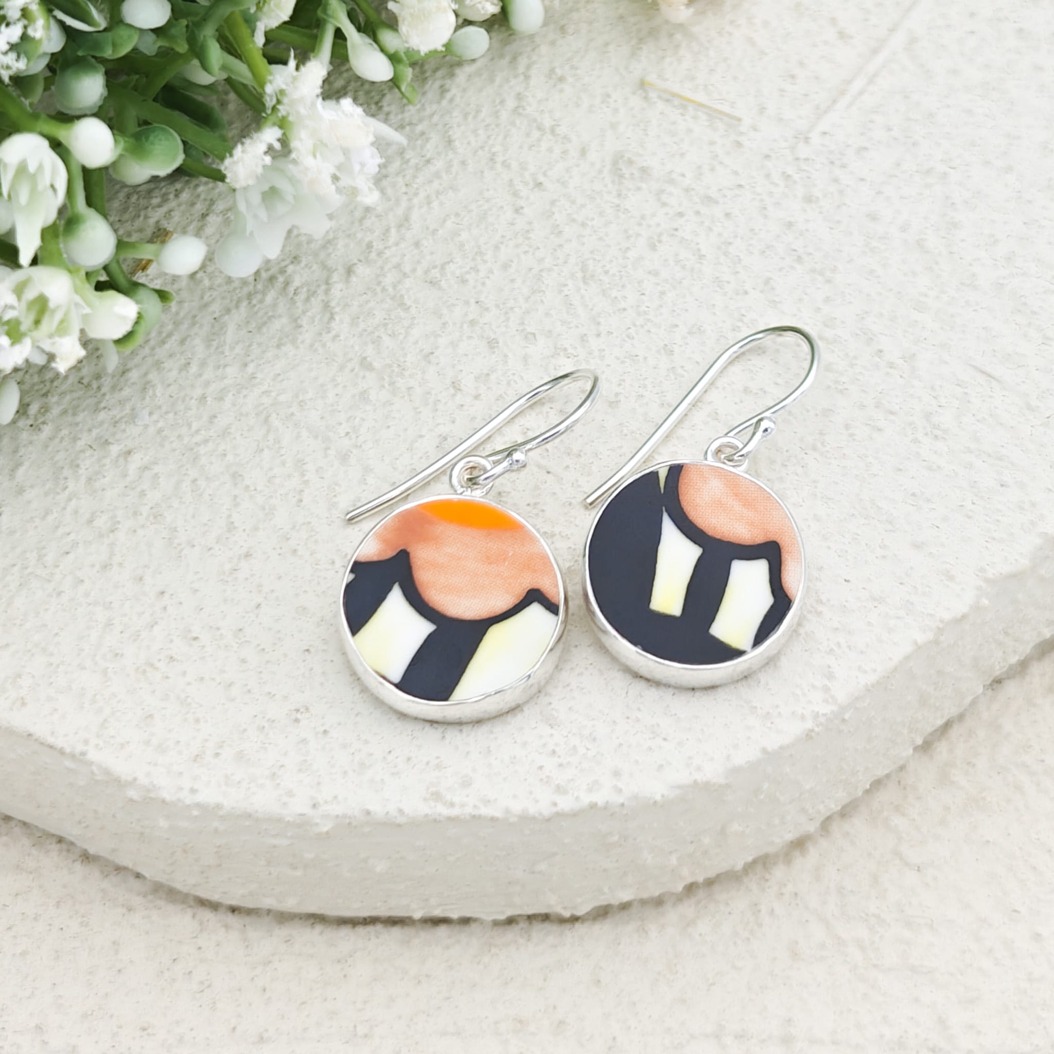 Hepburn and Hughes Art Deco Earrings in Sterling Silver | Clarice Cliff Ceramics | Garden Blue plate