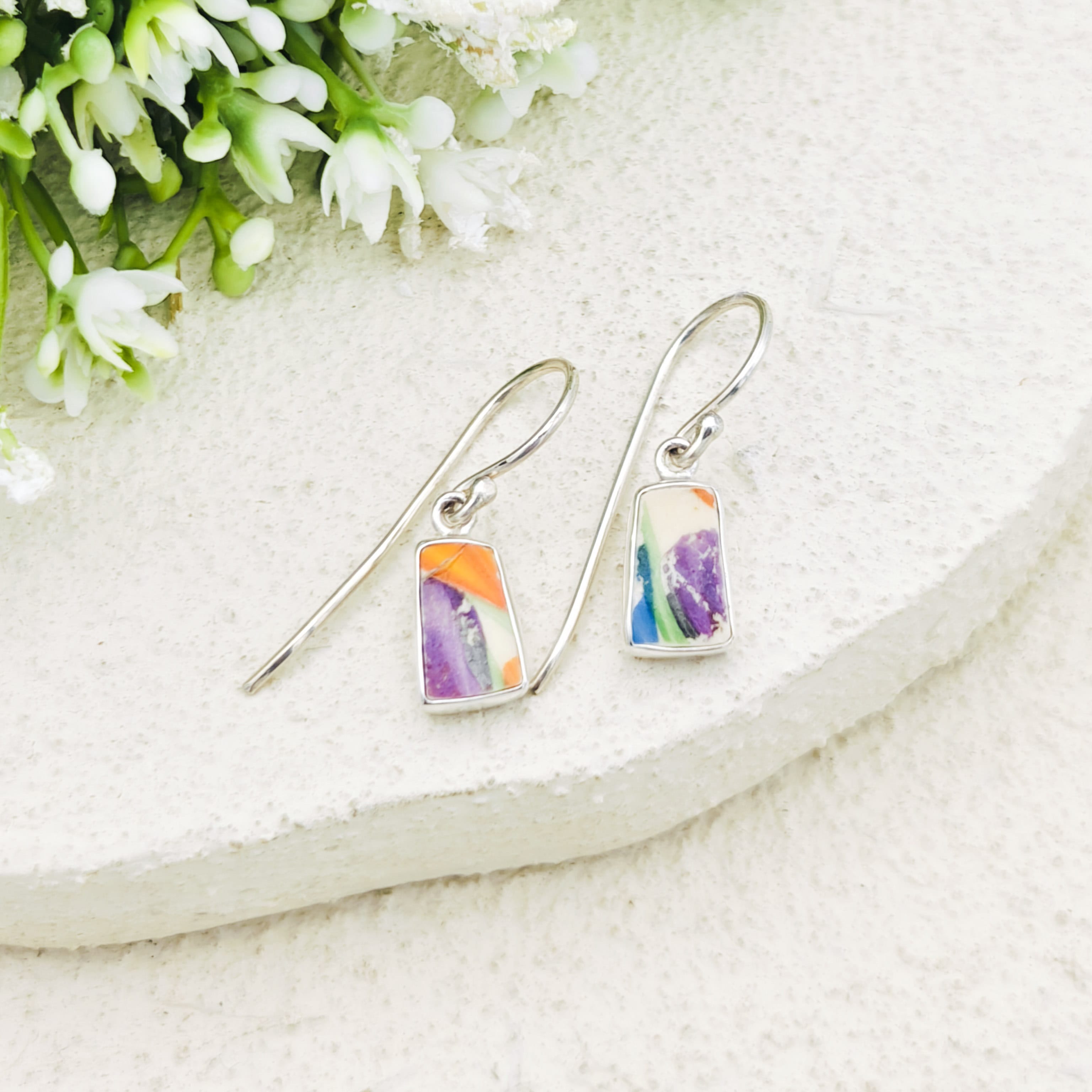 Hepburn and Hughes Art Deco Earrings | Original Clarice Cliff Pottery | Crocus Design | Sterling Silver