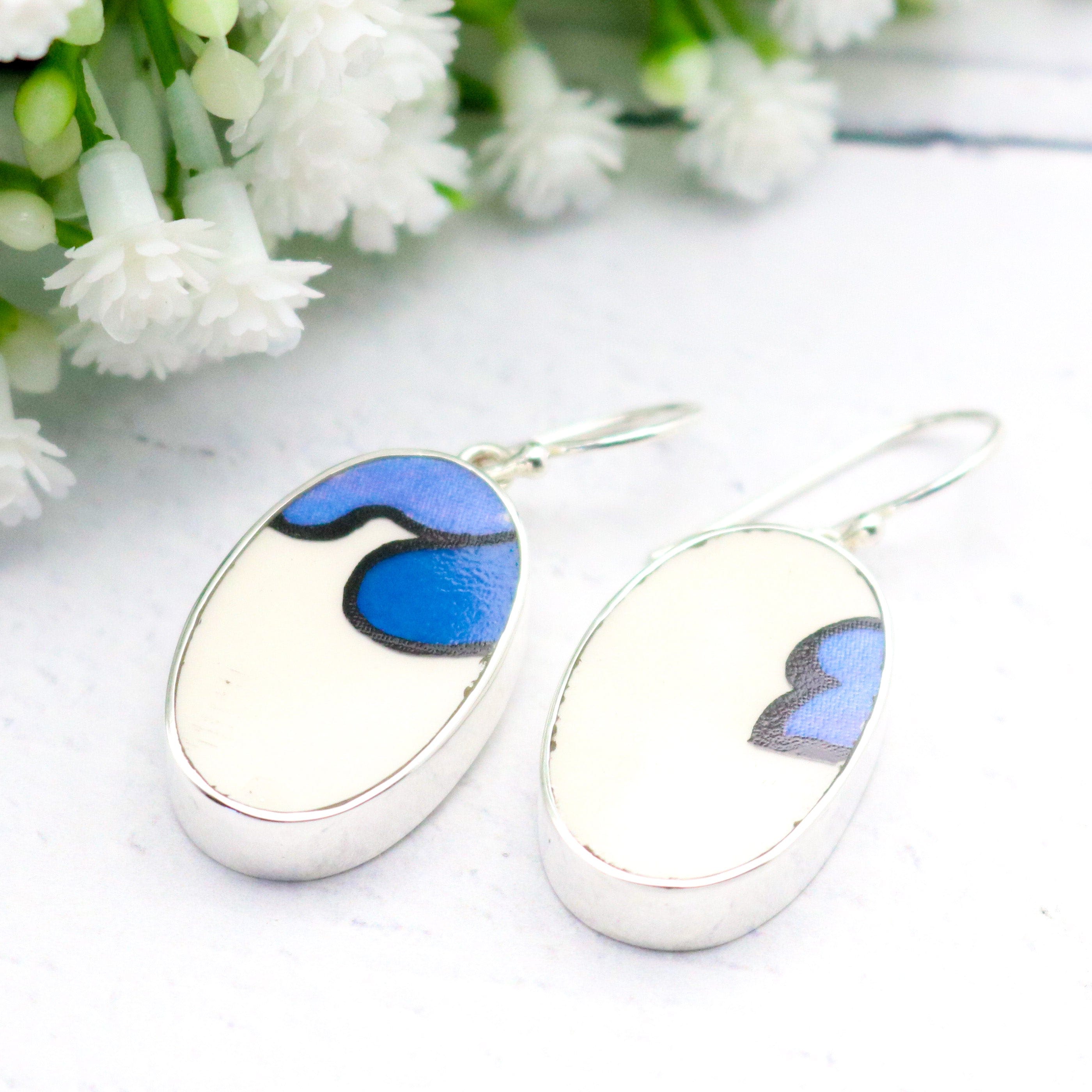 Hepburn and Hughes Art Deco Earrings | Upcycled Clarice Cliff | Blue and White Oval | Sterling Silver and Ceramic