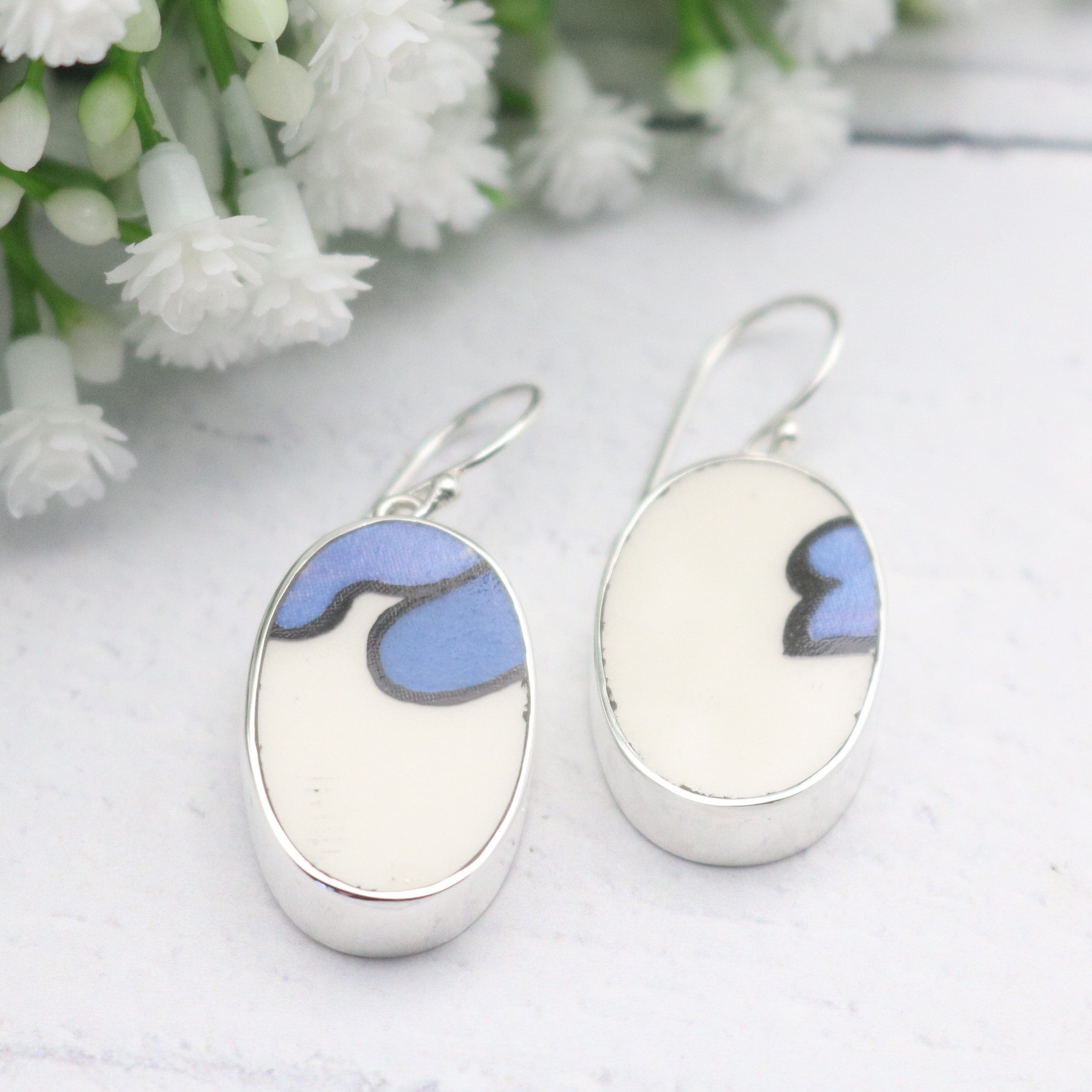 Hepburn and Hughes Art Deco Earrings | Upcycled Clarice Cliff | Blue and White Oval | Sterling Silver and Ceramic