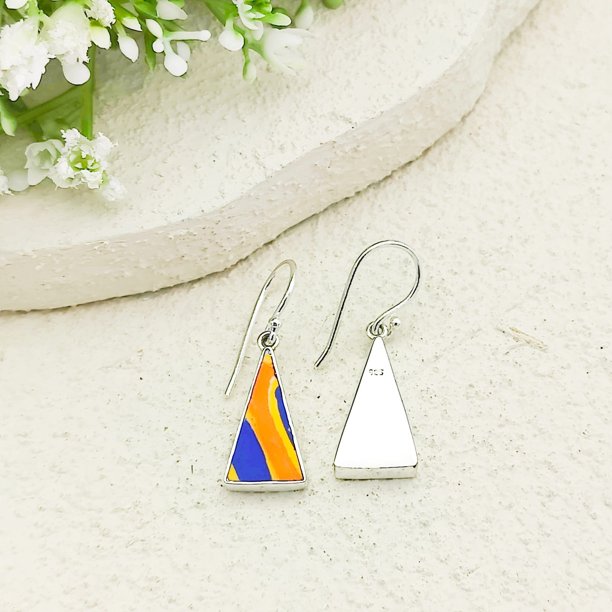 Hepburn & Hughes Art Deco Earrings | Upcycled Clarice Cliff Pottery | 20mm Orange and Blue Triangular | Sterling Silver
