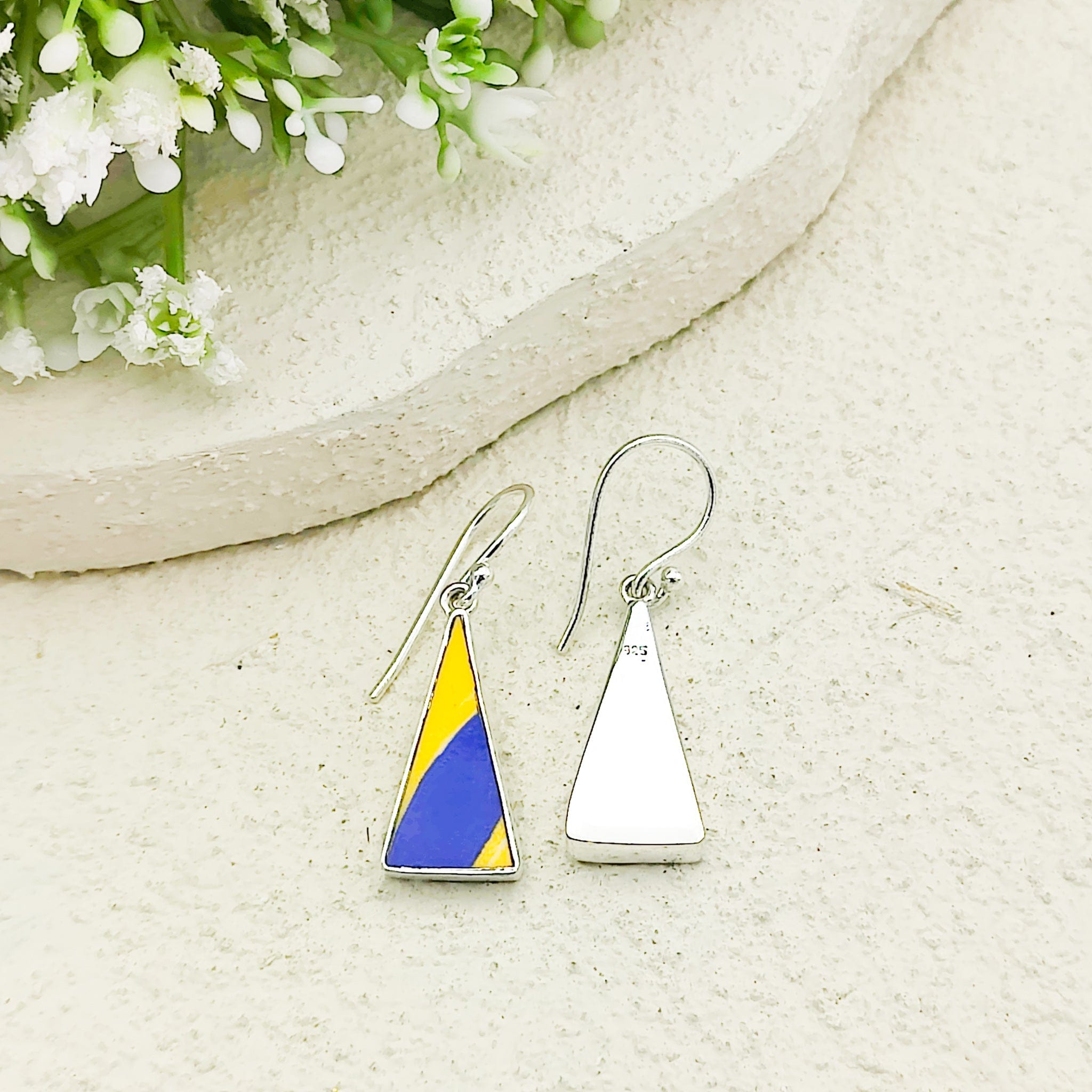 Hepburn & Hughes Art Deco Earrings | Upcycled Clarice Cliff Pottery | 20mm Orange and Blue Triangular | Sterling Silver
