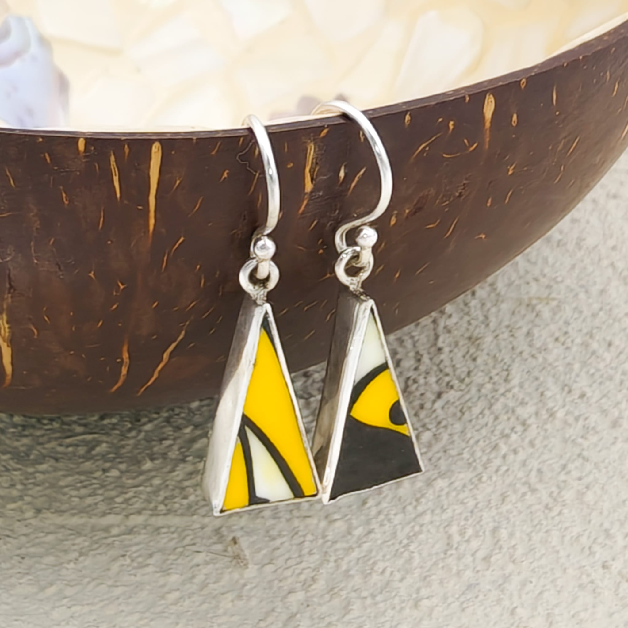 Hepburn and Hughes Art Deco Earrings | Upcycled Clarice Cliff Pottery | 20mm Orange and Blue Triangular | Sterling Silver