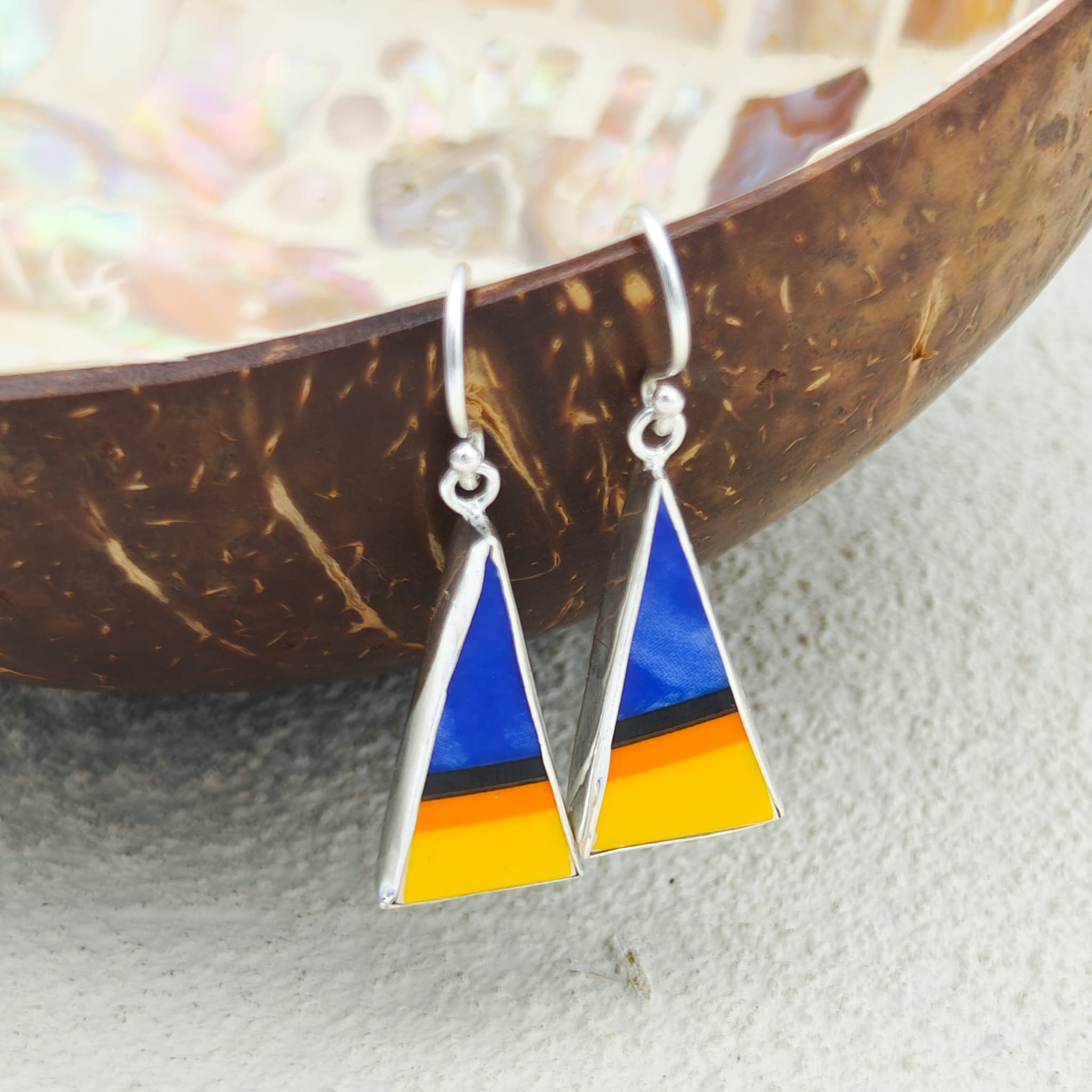 Hepburn and Hughes Art Deco Earrings | Upcycled Clarice Cliff Pottery | 20mm Orange and Blue Triangular | Sterling Silver