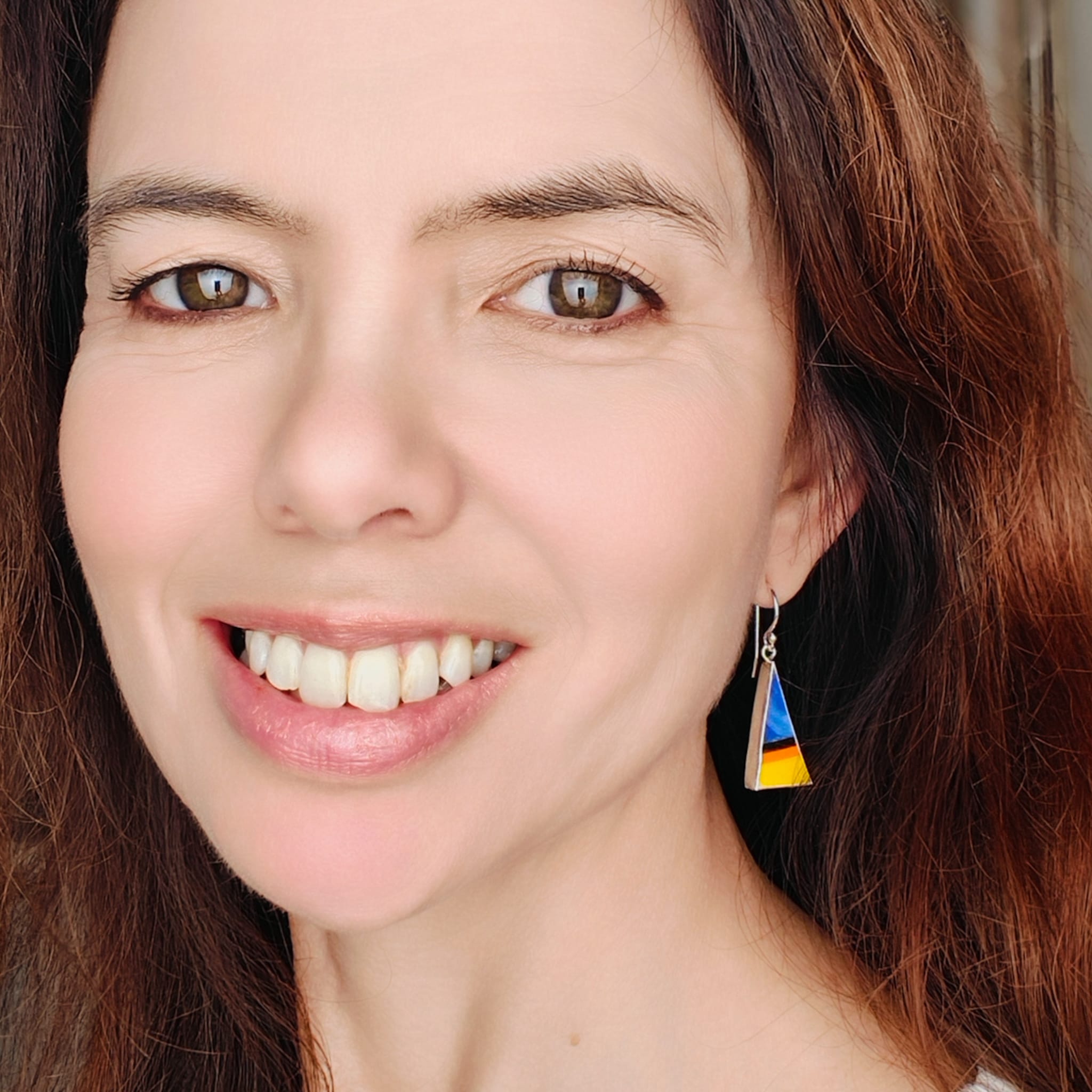 Hepburn and Hughes Art Deco Earrings | Upcycled Clarice Cliff Pottery | 20mm Orange and Blue Triangular | Sterling Silver