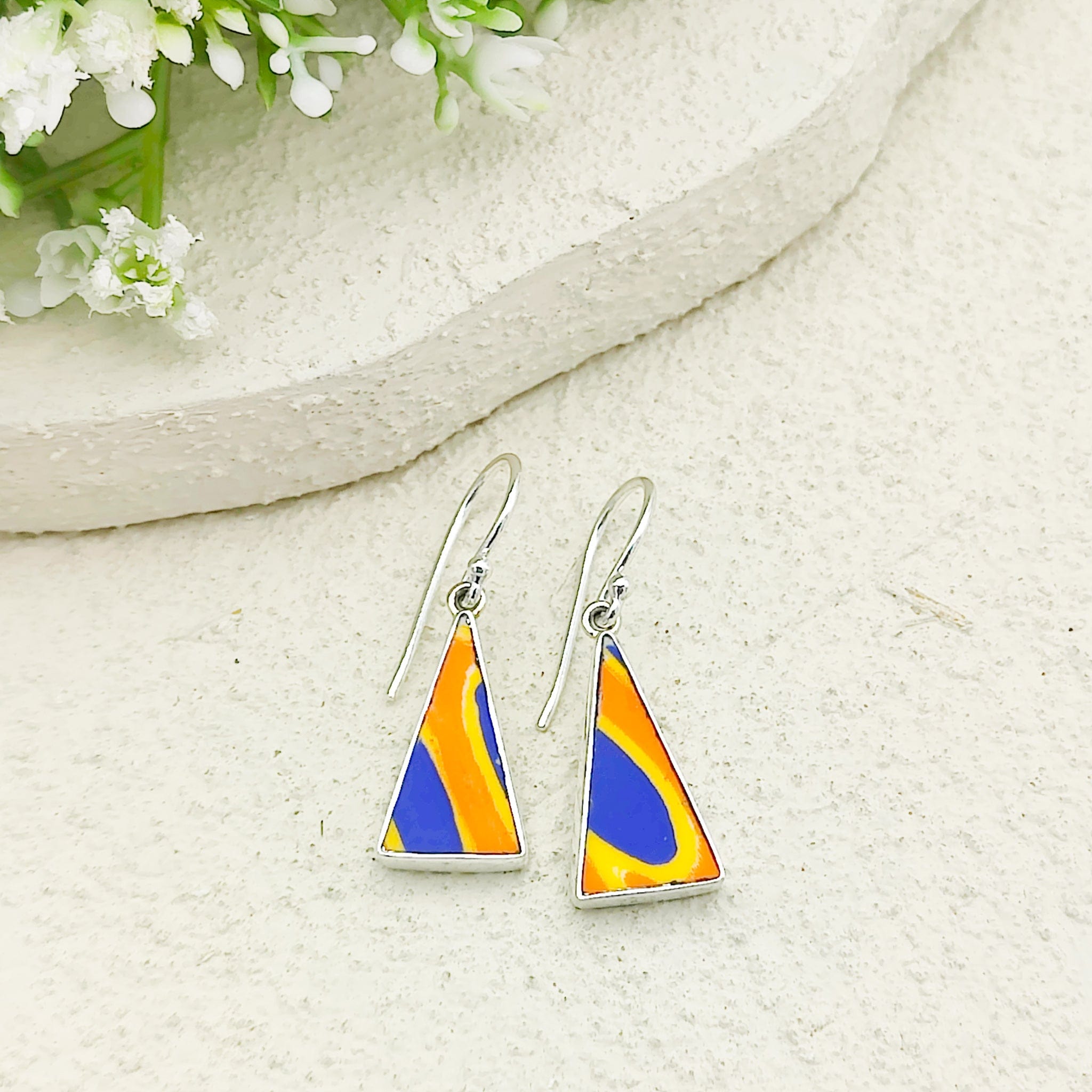Hepburn & Hughes Art Deco Earrings | Upcycled Clarice Cliff Pottery | 20mm Orange and Blue Triangular | Sterling Silver