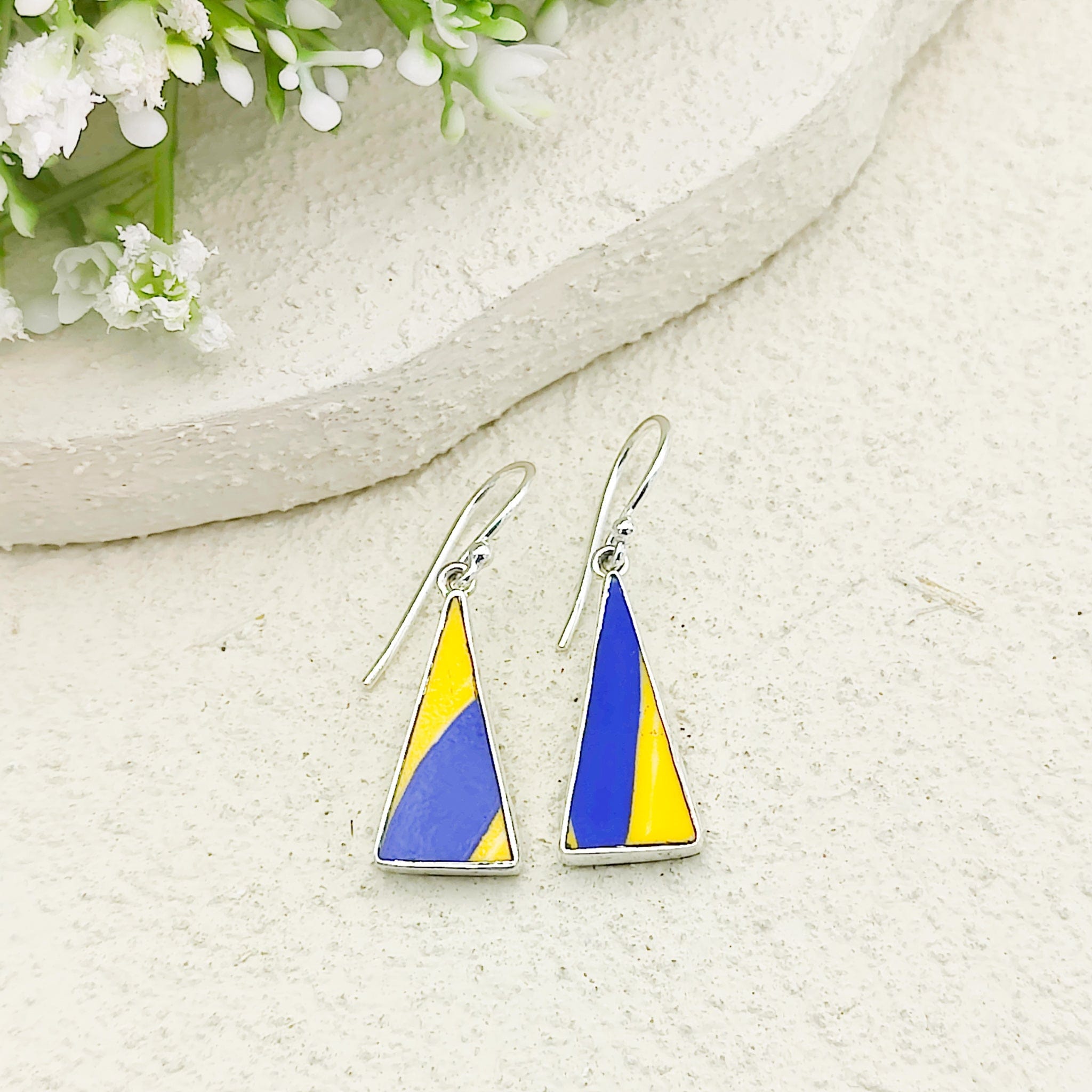 Hepburn & Hughes Art Deco Earrings | Upcycled Clarice Cliff Pottery | 20mm Orange and Blue Triangular | Sterling Silver