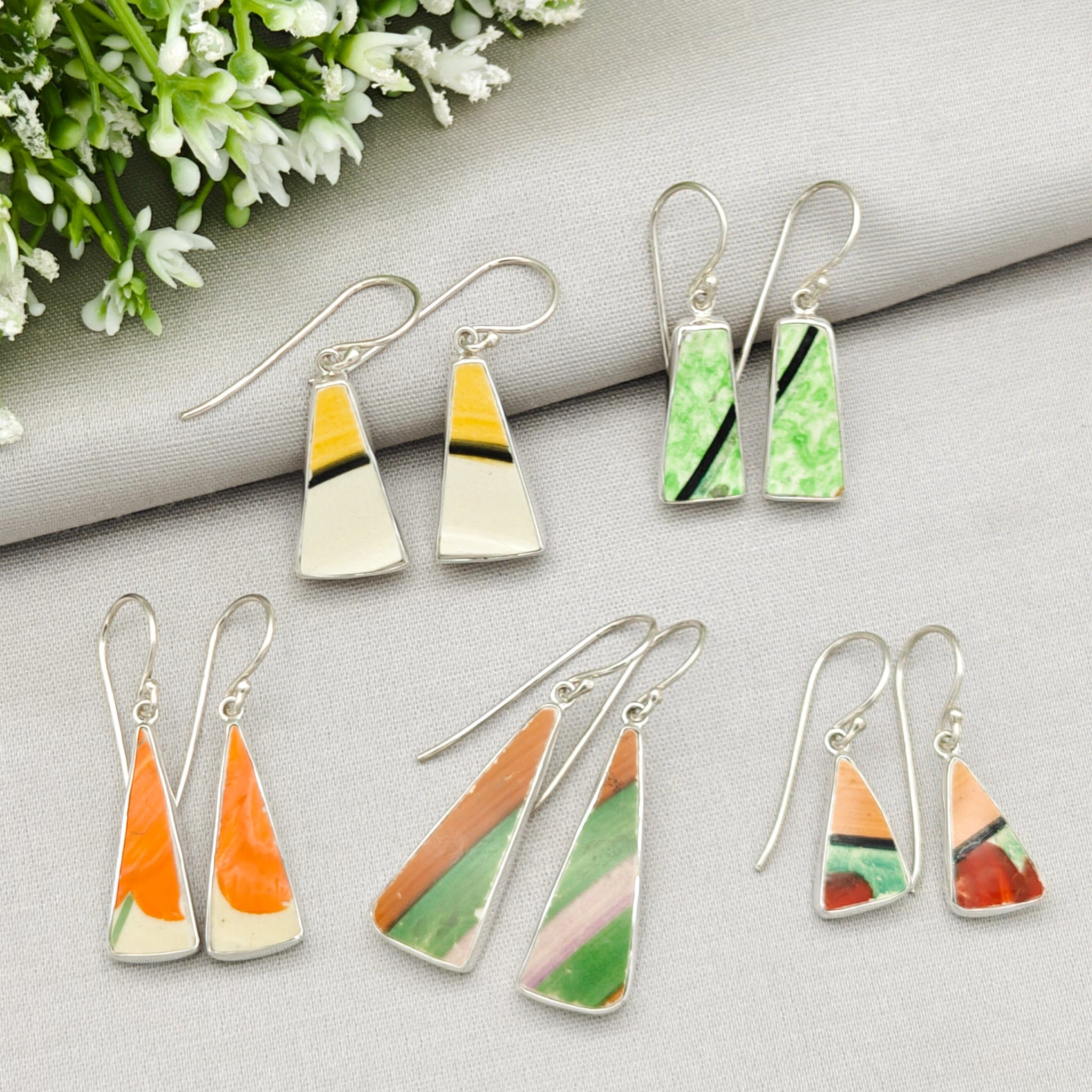 Hepburn and Hughes Art Deco Long Drop Earrings | 32mm length | Original Clarice Cliff Pottery | Sterling Silver