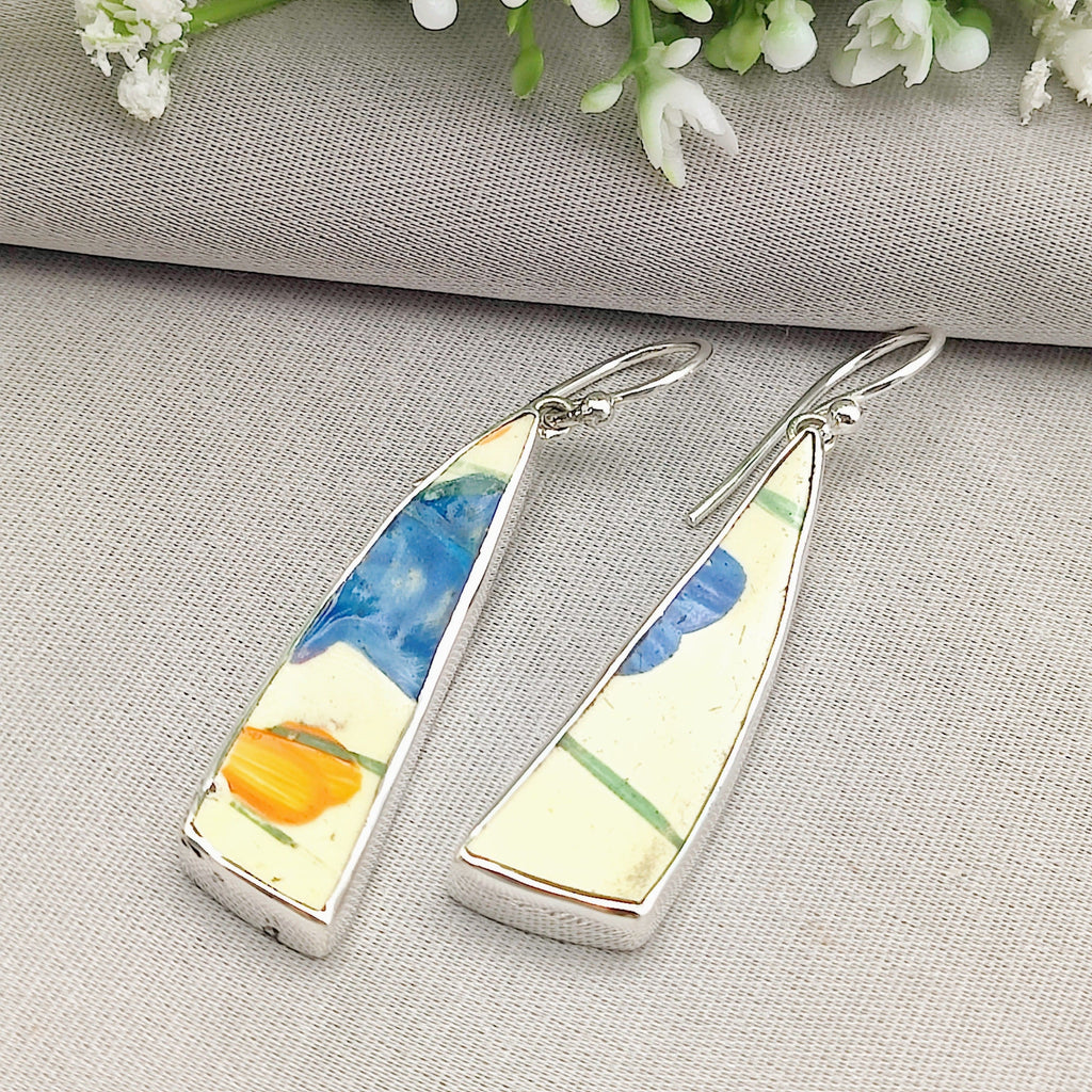 Hepburn and Hughes Art Deco Long Drop Earrings | 42mm length | Original Clarice Cliff Pottery | Sterling Silver