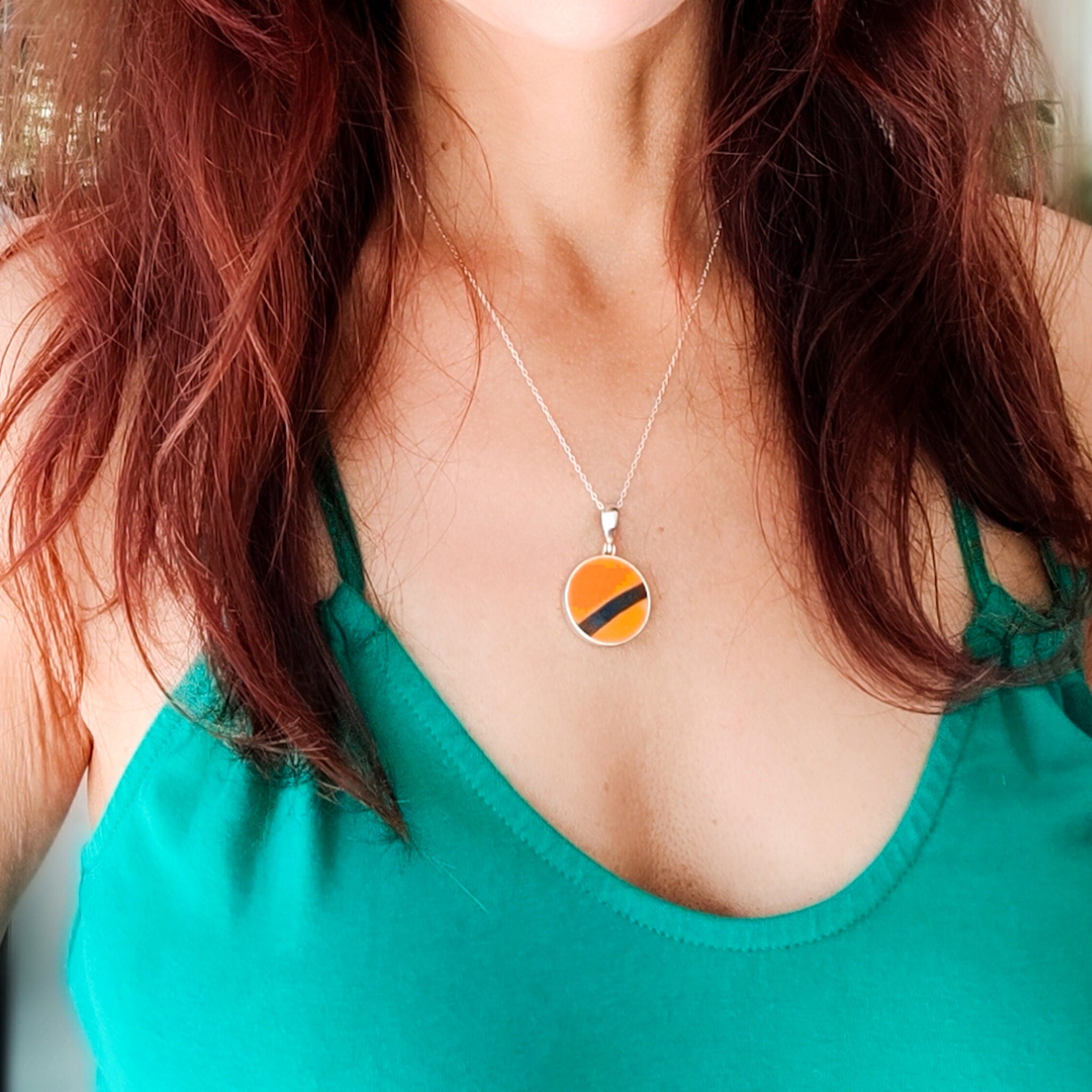 Hepburn and Hughes Art Deco Necklace | Clarice Cliff Circular Orange and Black Pendant | 20mm diameter | Sterling Silver