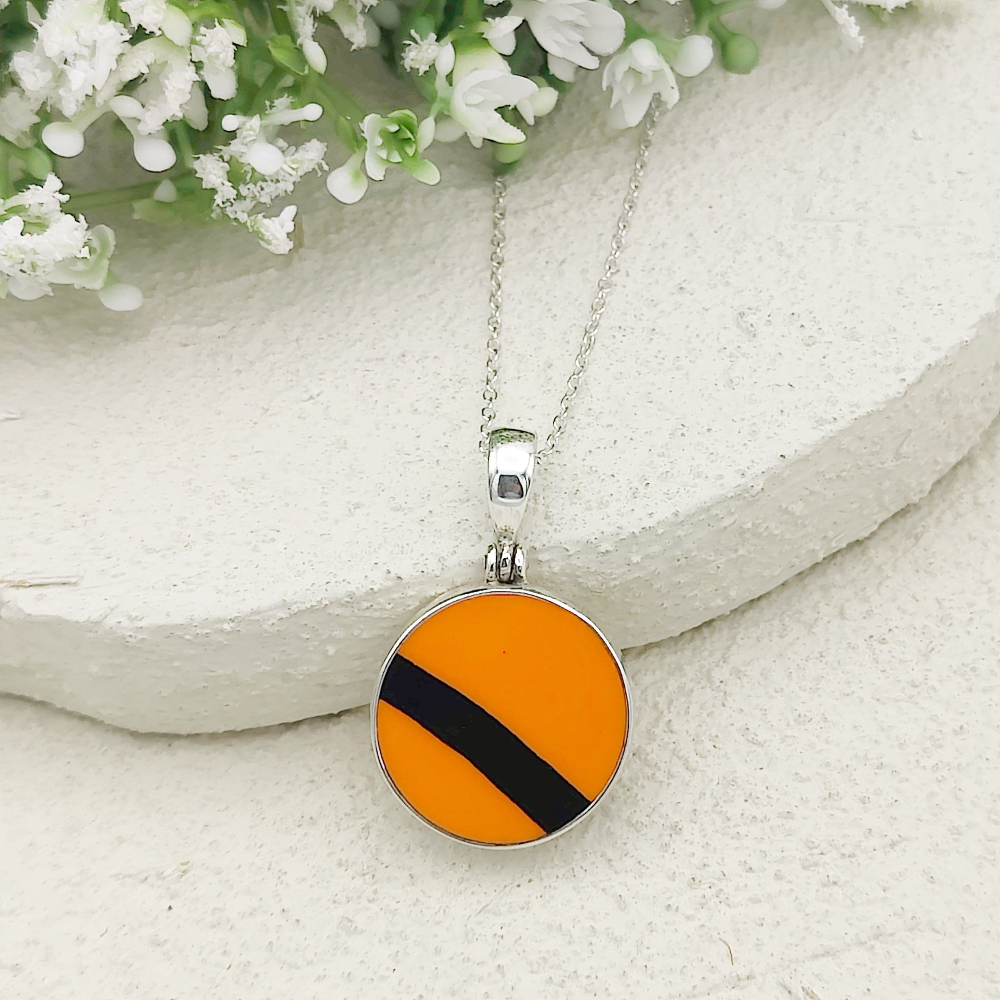 Hepburn and Hughes Art Deco Necklace | Clarice Cliff Circular Orange and Black Pendant | 20mm diameter | Sterling Silver