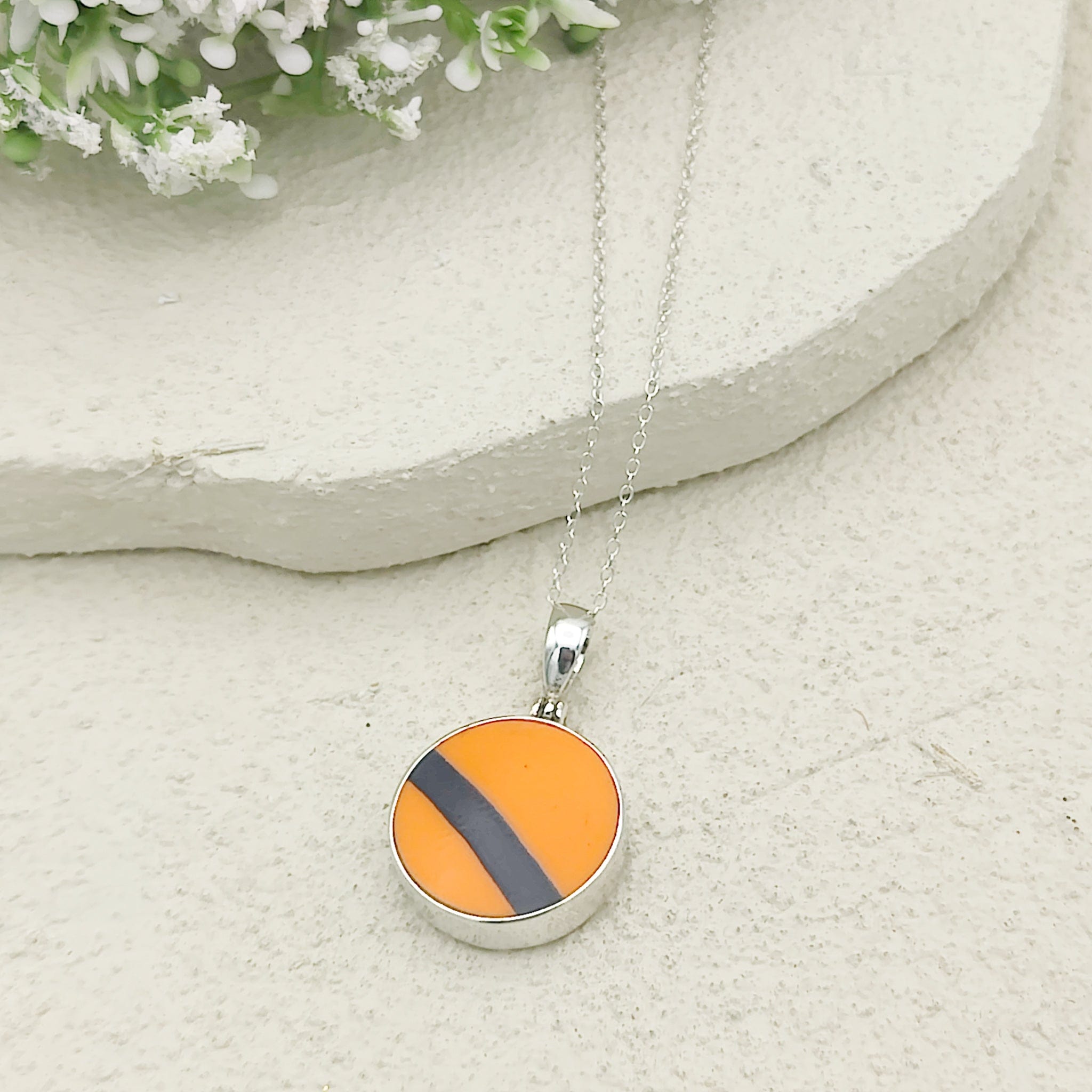 Hepburn and Hughes Art Deco Necklace | Clarice Cliff Circular Orange and Black Pendant | 20mm diameter | Sterling Silver
