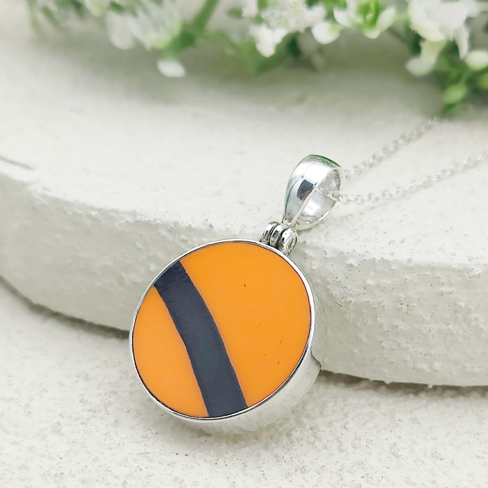 Hepburn and Hughes Art Deco Necklace | Clarice Cliff Circular Orange and Black Pendant | 20mm diameter | Sterling Silver