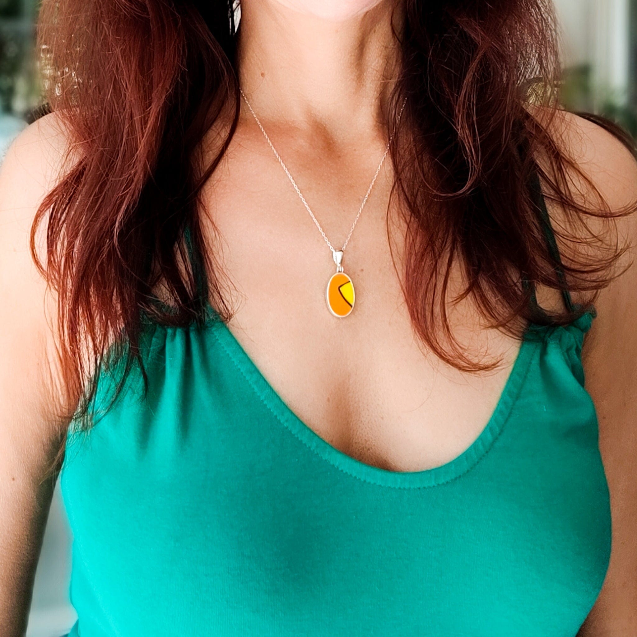 Hepburn and Hughes Art Deco Necklace | Clarice Cliff Pendant | 20mm Orange and Yellow Oval | Sterling Silver