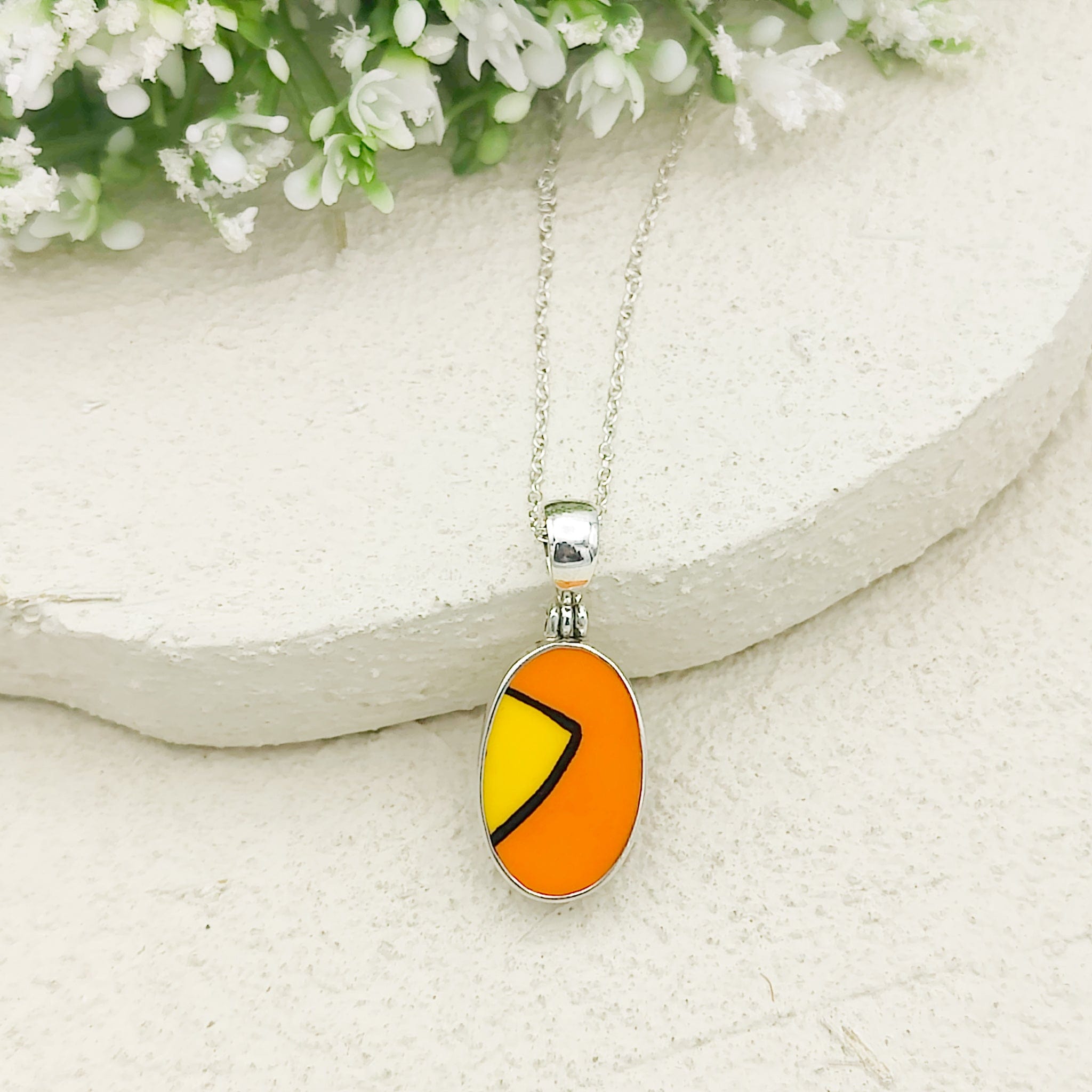 Hepburn and Hughes Art Deco Necklace | Clarice Cliff Pendant | 20mm Orange and Yellow Oval | Sterling Silver