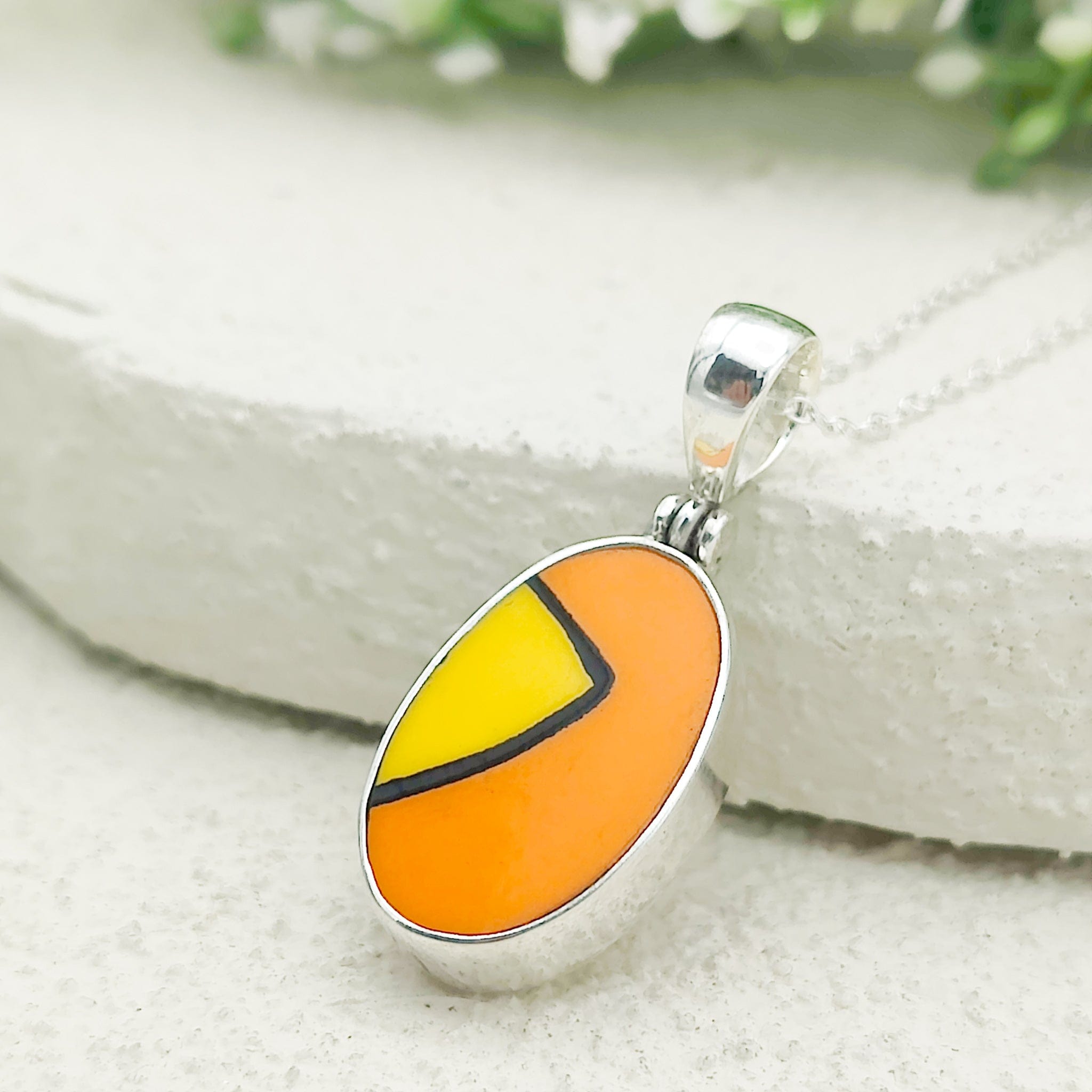 Hepburn and Hughes Art Deco Necklace | Clarice Cliff Pendant | 20mm Orange and Yellow Oval | Sterling Silver