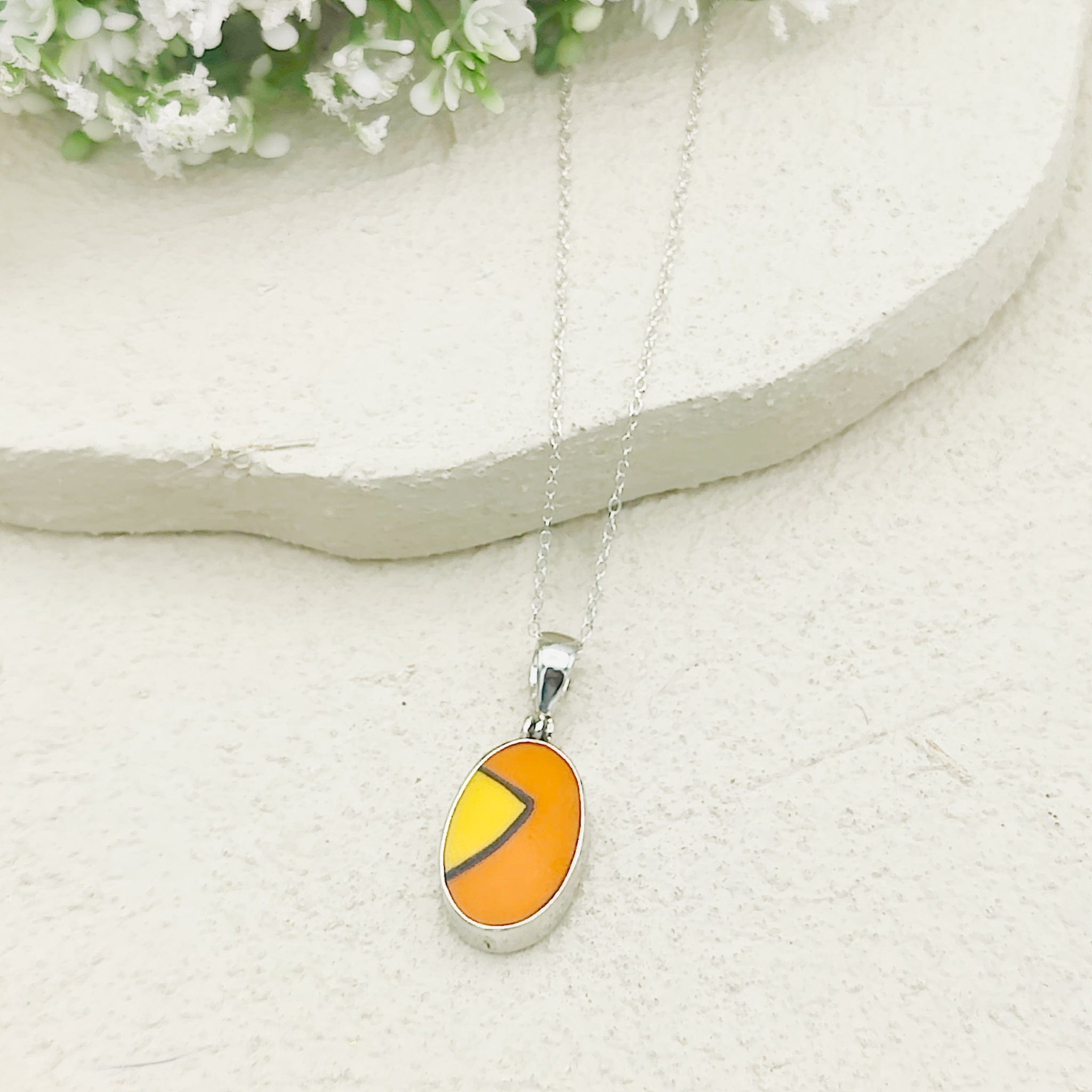 Hepburn and Hughes Art Deco Necklace | Clarice Cliff Pendant | 20mm Orange and Yellow Oval | Sterling Silver