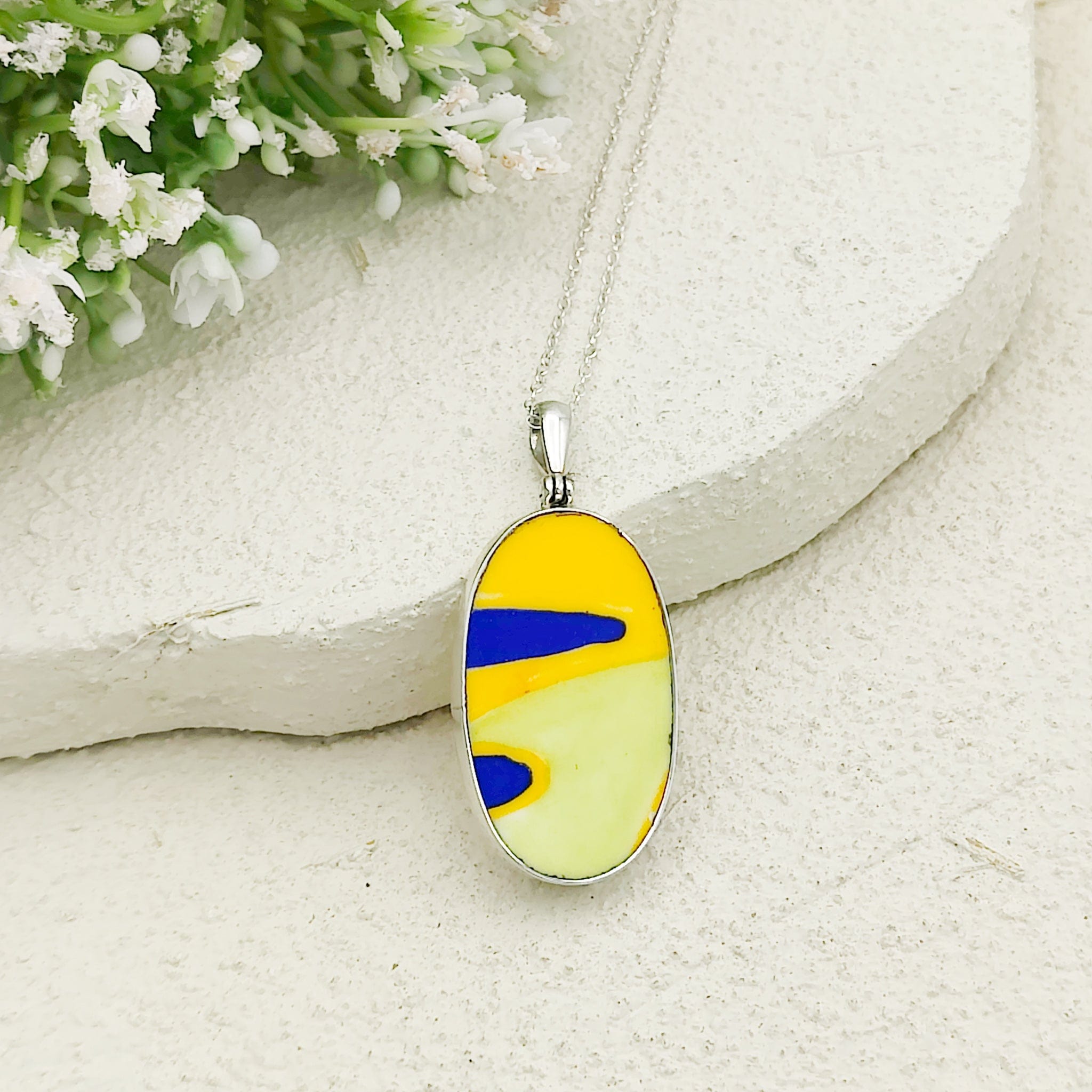Hepburn and Hughes Art Deco Necklace | Clarice Cliff Pendant 35mm | Ceramic Oval | Sterling Silver