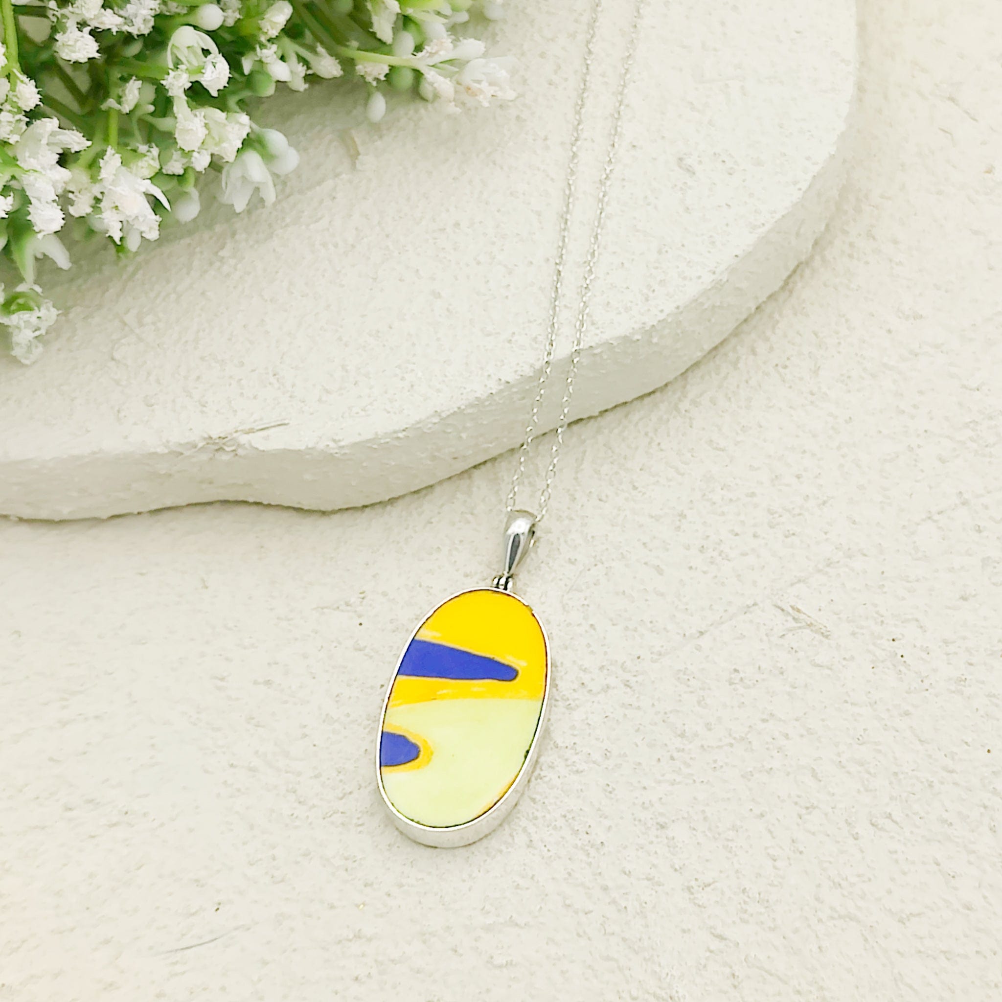 Hepburn and Hughes Art Deco Necklace | Clarice Cliff Pendant 35mm | Ceramic Oval | Sterling Silver
