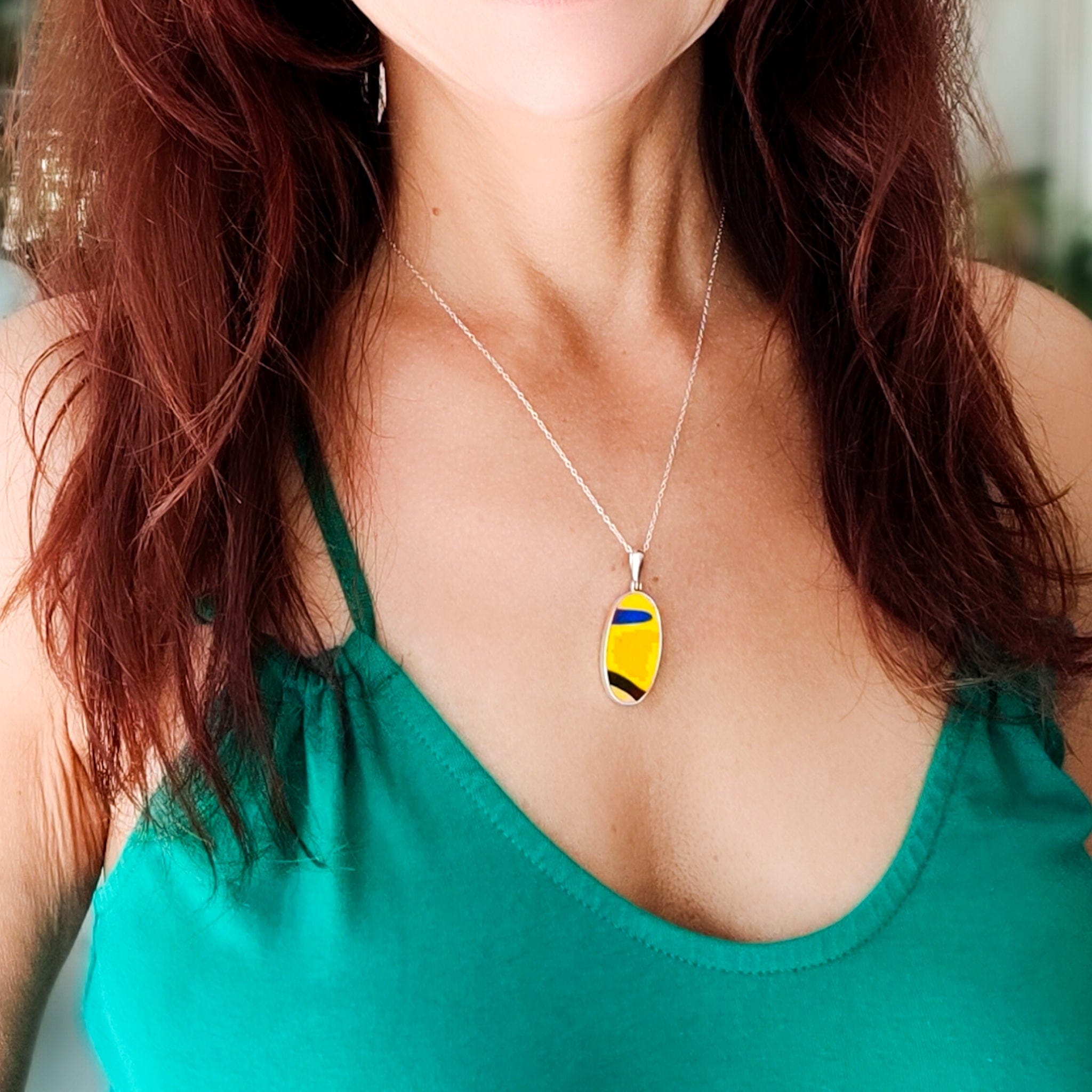 Hepburn and Hughes Art Deco Necklace | Clarice Cliff Pendant 35mm | Ceramic Oval | Sterling Silver