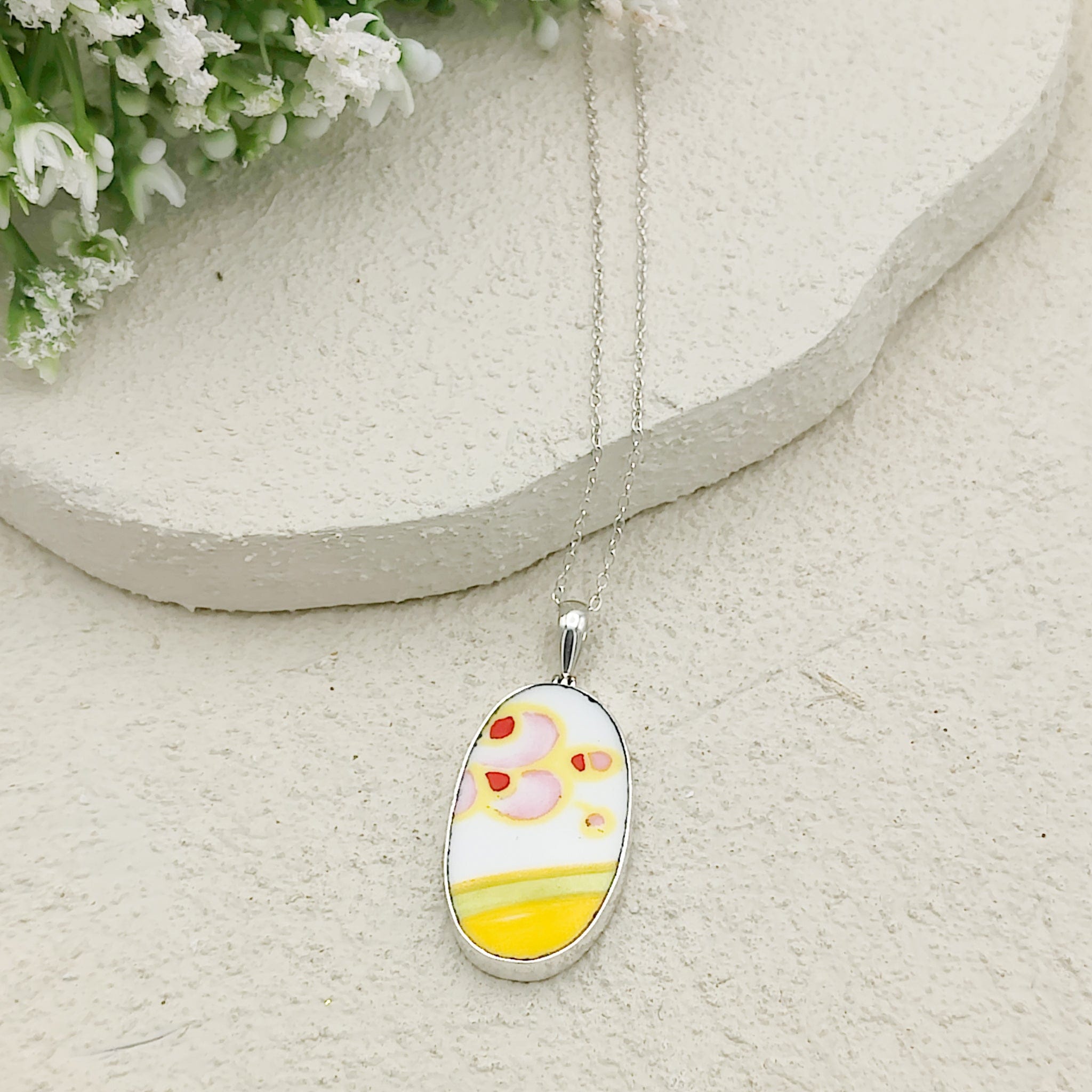 Hepburn and Hughes Art Deco Necklace | Clarice Cliff Pendant 35mm | Ceramic Oval | Sterling Silver