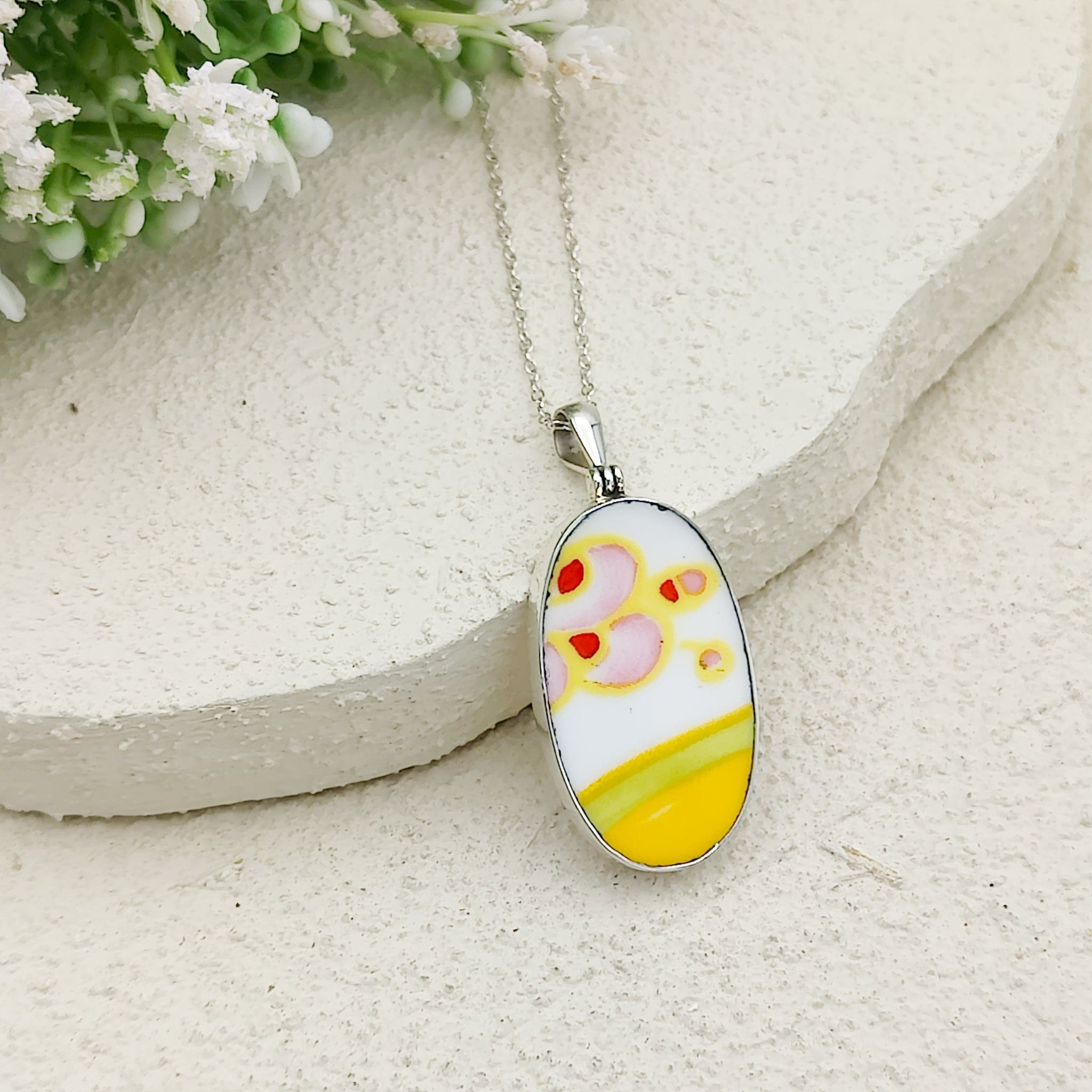 Hepburn and Hughes Art Deco Necklace | Clarice Cliff Pendant 35mm | Ceramic Oval | Sterling Silver