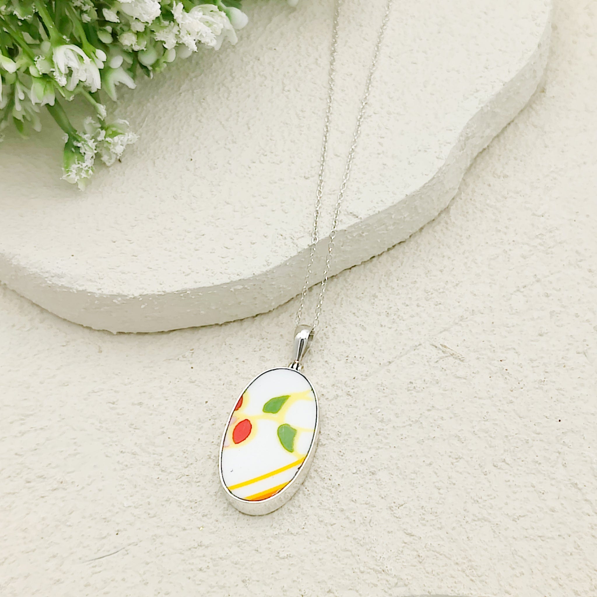 Hepburn and Hughes Art Deco Necklace | Clarice Cliff Pendant 35mm | Ceramic Oval | Sterling Silver