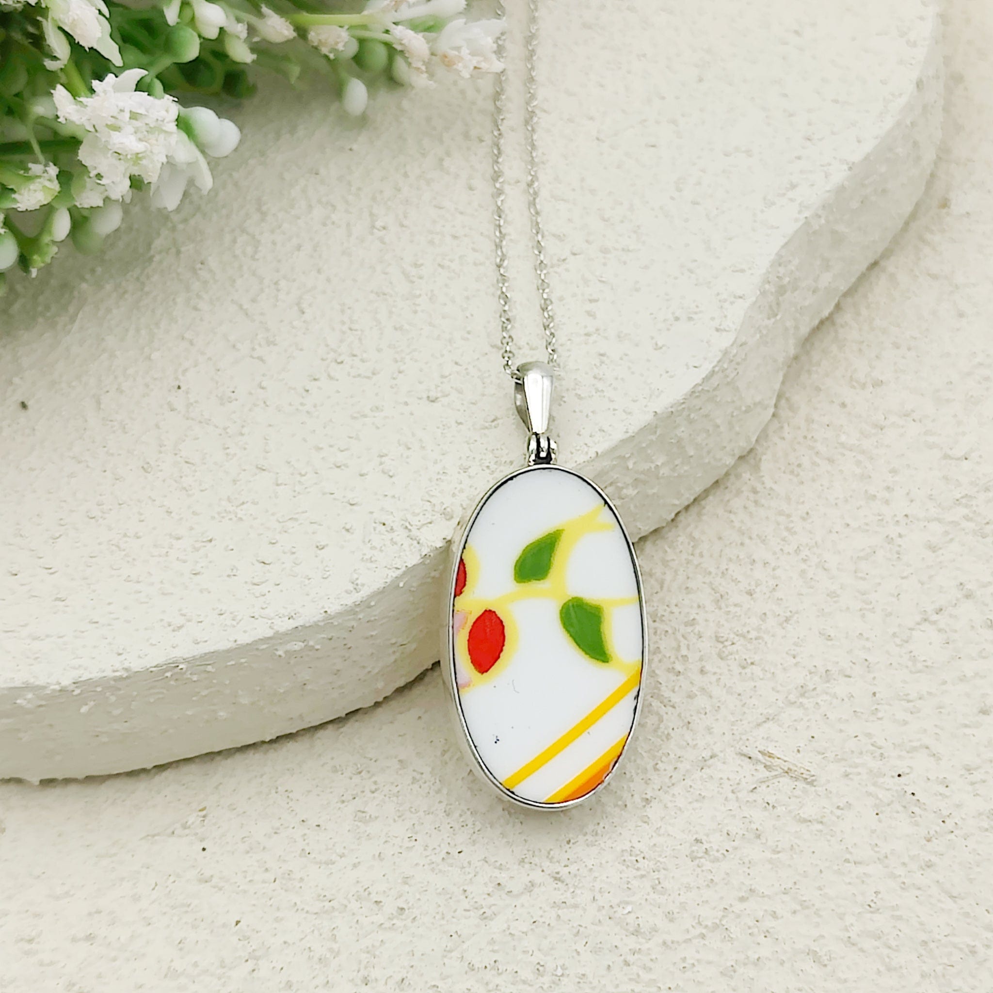 Hepburn and Hughes Art Deco Necklace | Clarice Cliff Pendant 35mm | Ceramic Oval | Sterling Silver