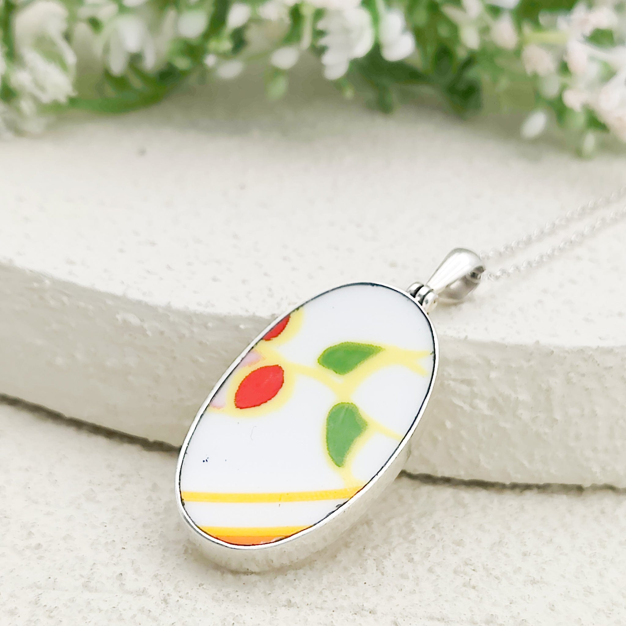 Hepburn and Hughes Art Deco Necklace | Clarice Cliff Pendant 35mm | Ceramic Oval | Sterling Silver