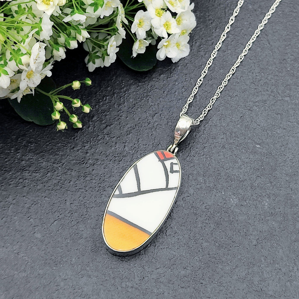 Hepburn and Hughes Art Deco Necklace | Clarice Cliff Pendant 35mm | Ceramic Oval | Sterling Silver