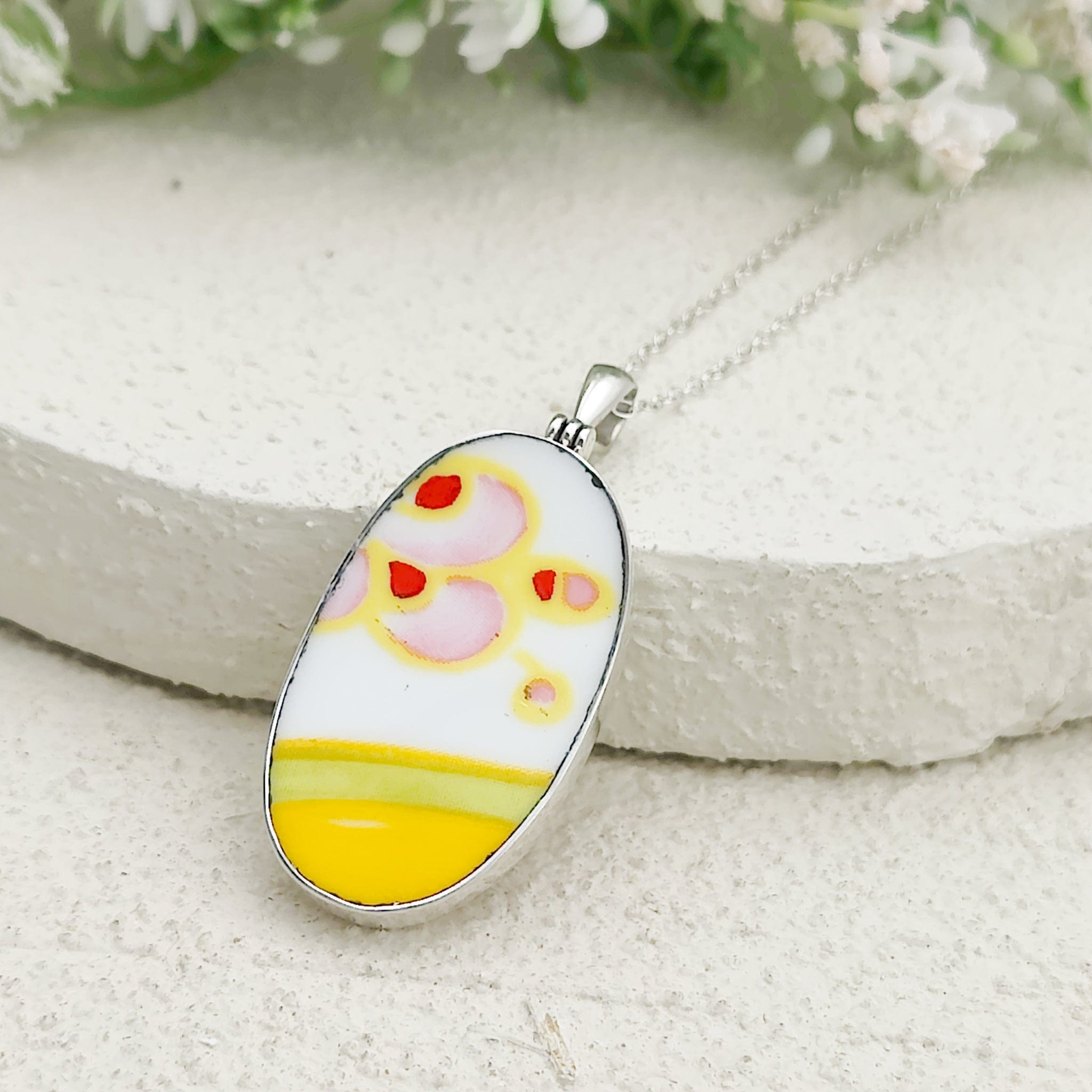 Hepburn and Hughes Art Deco Necklace | Clarice Cliff Pendant 35mm | Ceramic Oval | Sterling Silver
