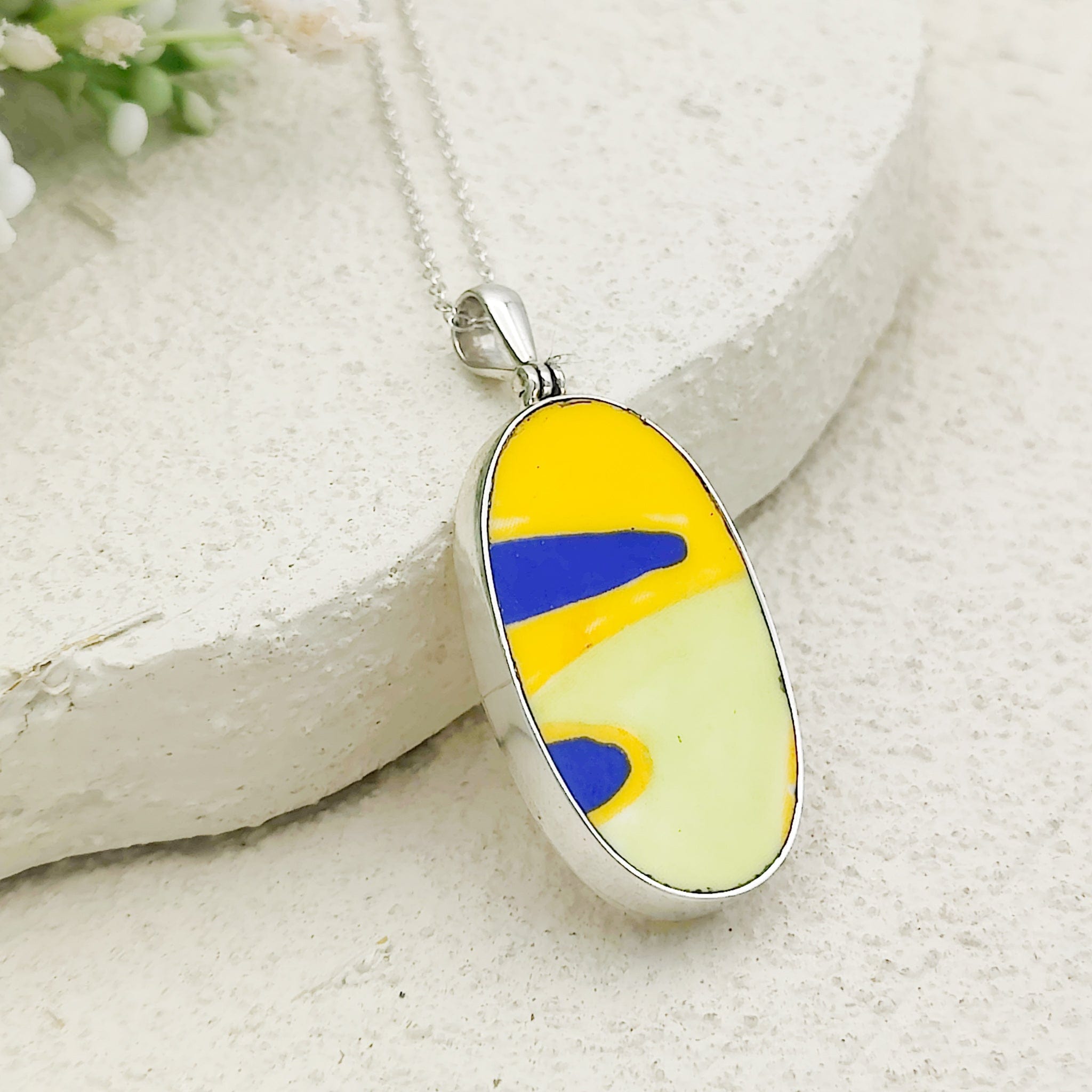 Hepburn and Hughes Art Deco Necklace | Clarice Cliff Pendant 35mm | Ceramic Oval | Sterling Silver
