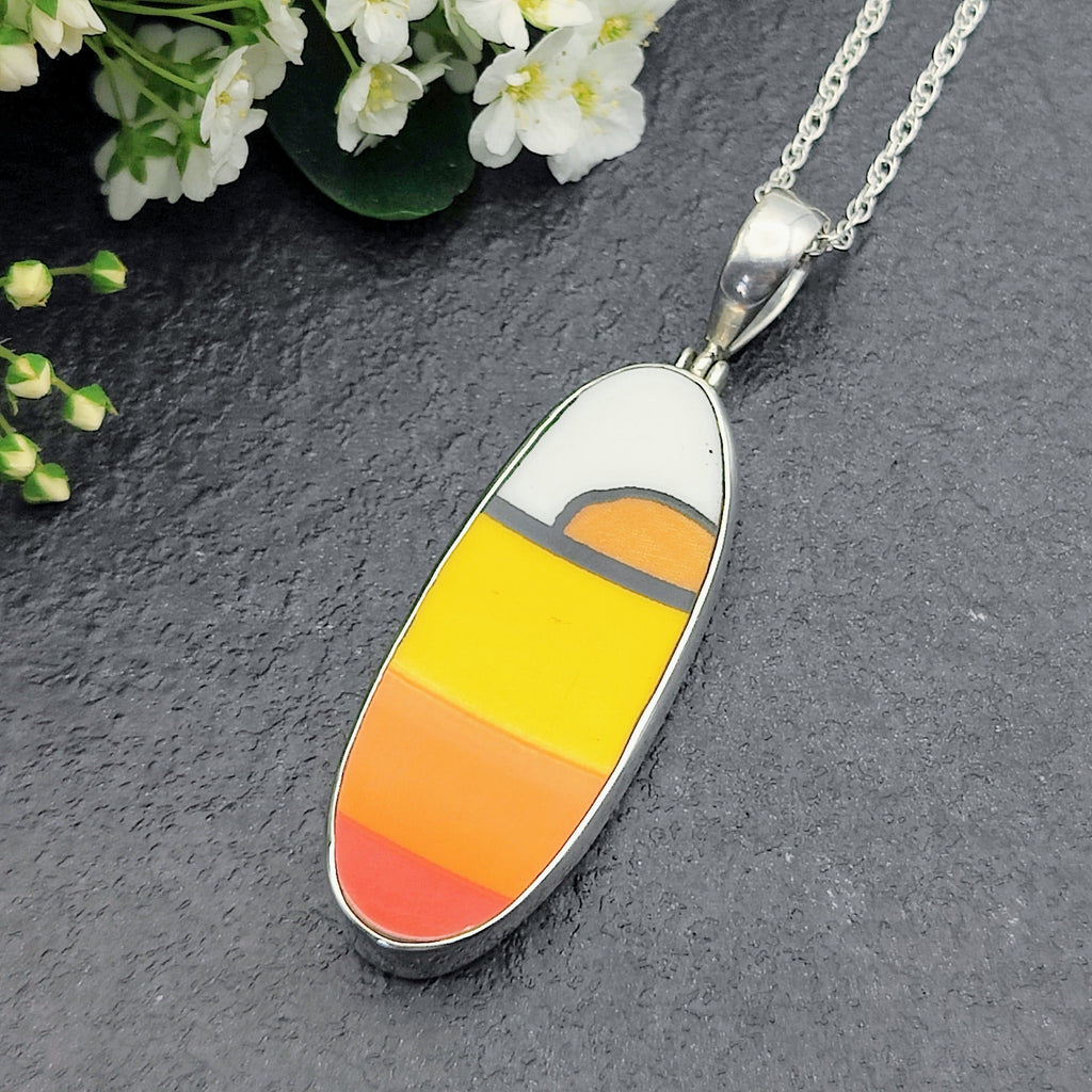 Hepburn and Hughes Art Deco Necklace | Clarice Cliff Pendant 45mm | Ceramic Oval | Sterling Silver