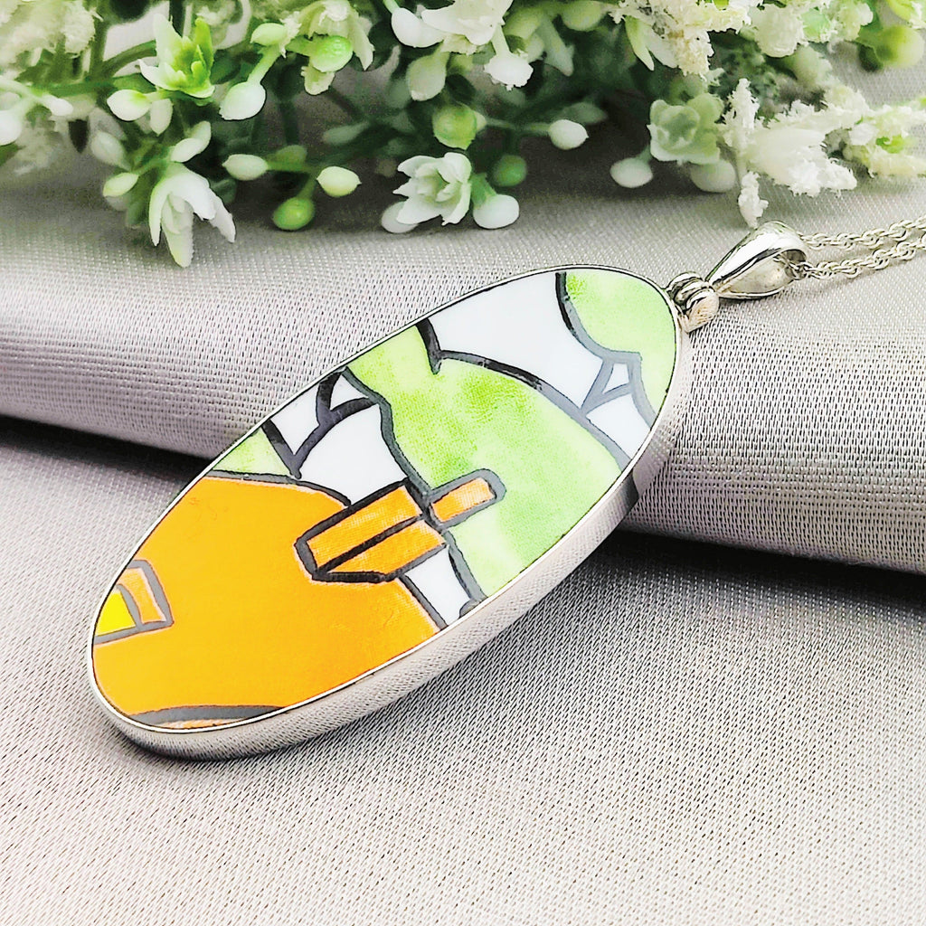 Hepburn and Hughes Art Deco Necklace | Clarice Cliff Pendant 55mm | Ceramic Oval | Three Options | Sterling Silver