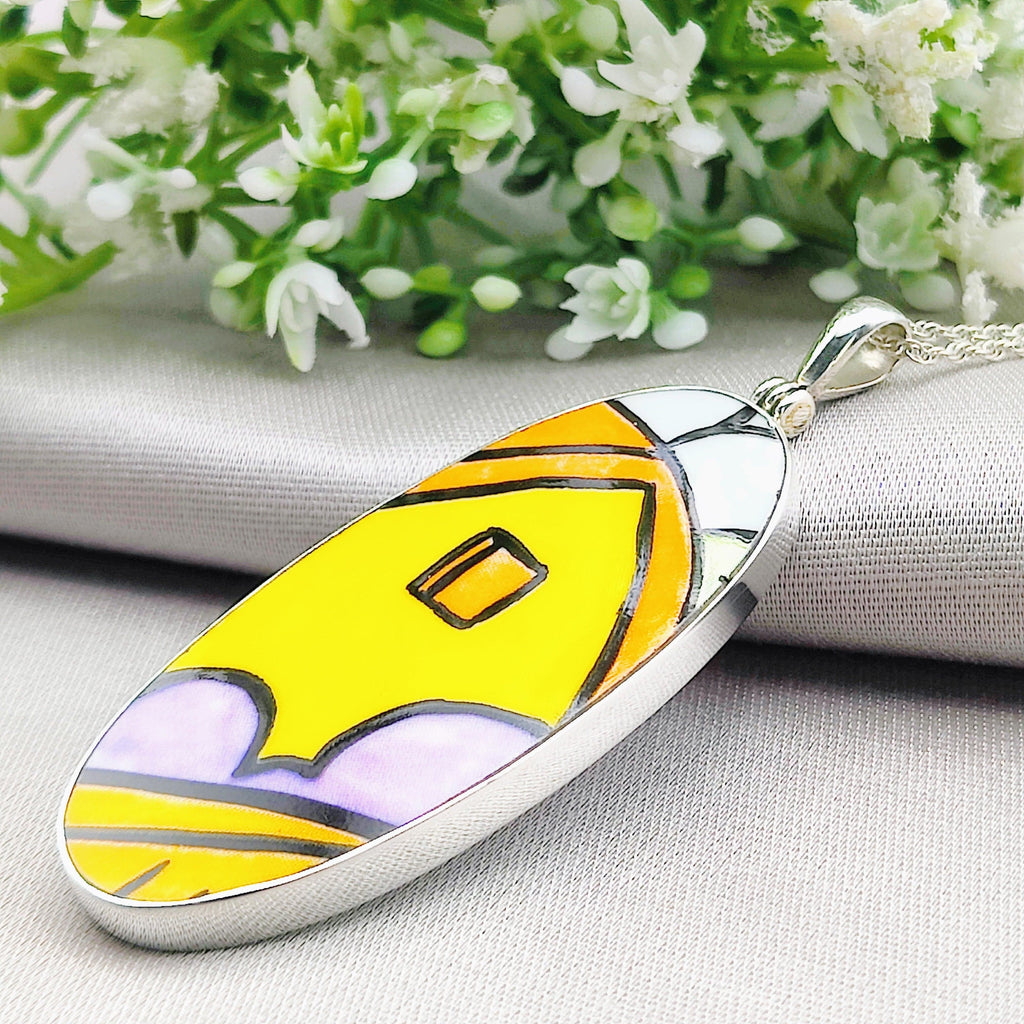 Hepburn and Hughes Art Deco Necklace | Clarice Cliff Pendant 55mm | Ceramic Oval | Three Options | Sterling Silver