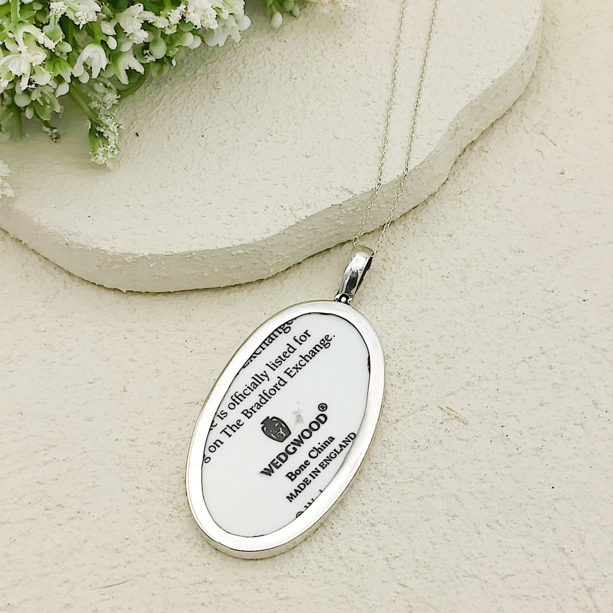 Hepburn and Hughes Art Deco Necklace | Clarice Cliff Pendant 65mm | Ceramic Oval | Sterling Silver