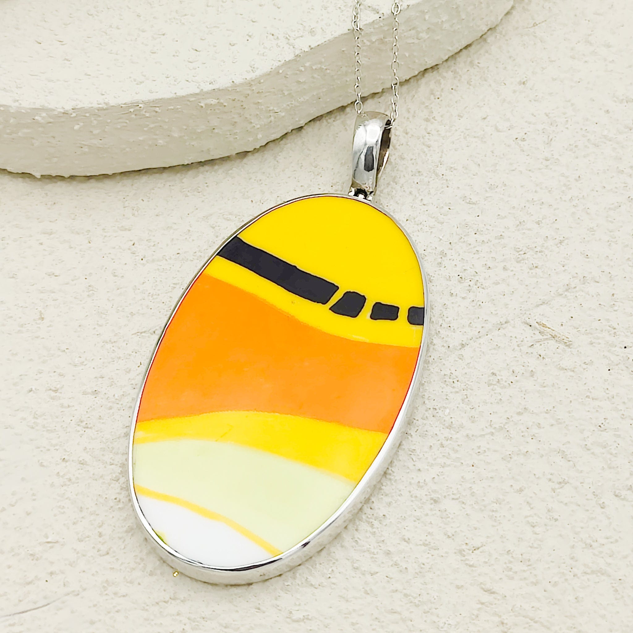Hepburn and Hughes Art Deco Necklace | Clarice Cliff Pendant 65mm | Ceramic Oval | Sterling Silver