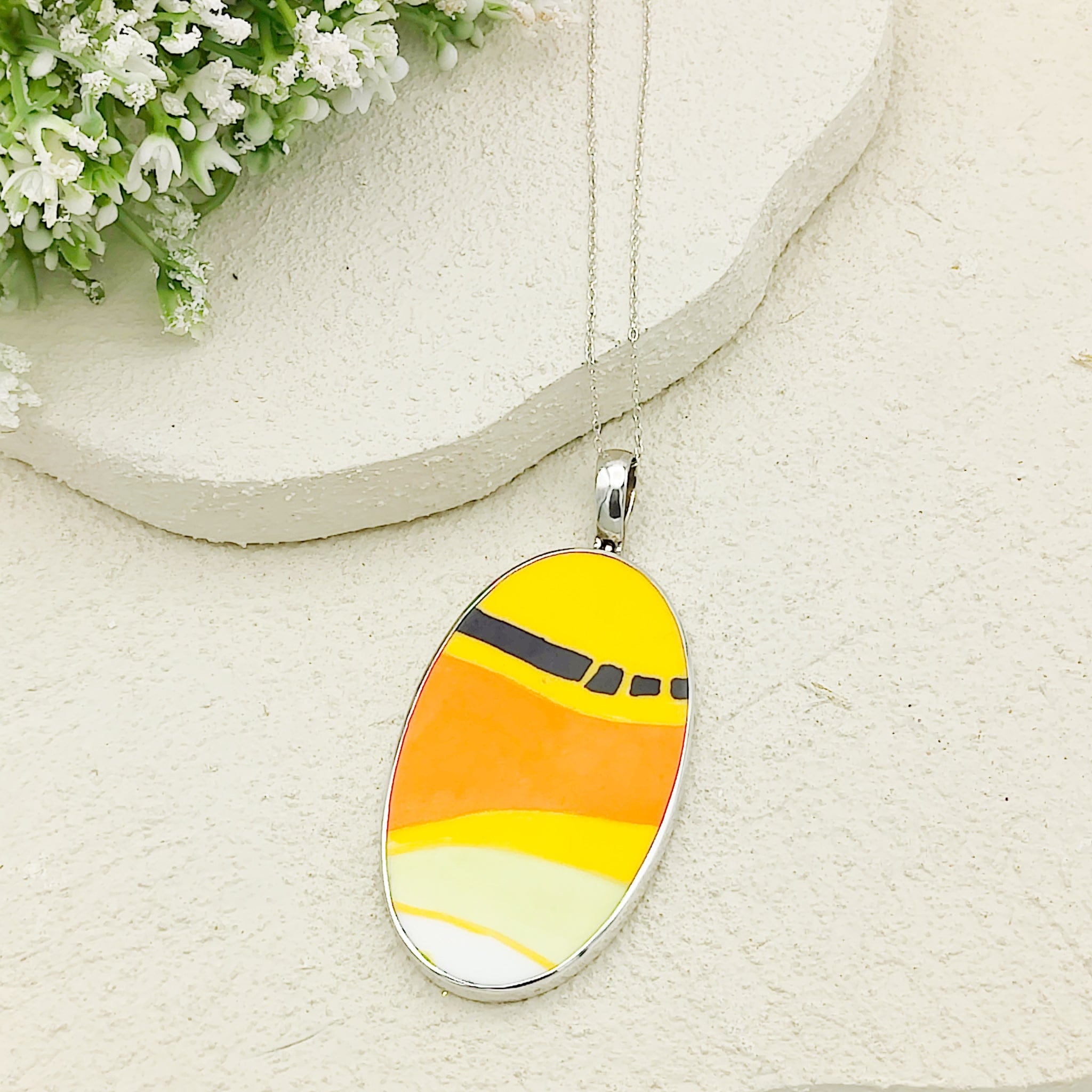 Hepburn and Hughes Art Deco Necklace | Clarice Cliff Pendant 65mm | Ceramic Oval | Sterling Silver