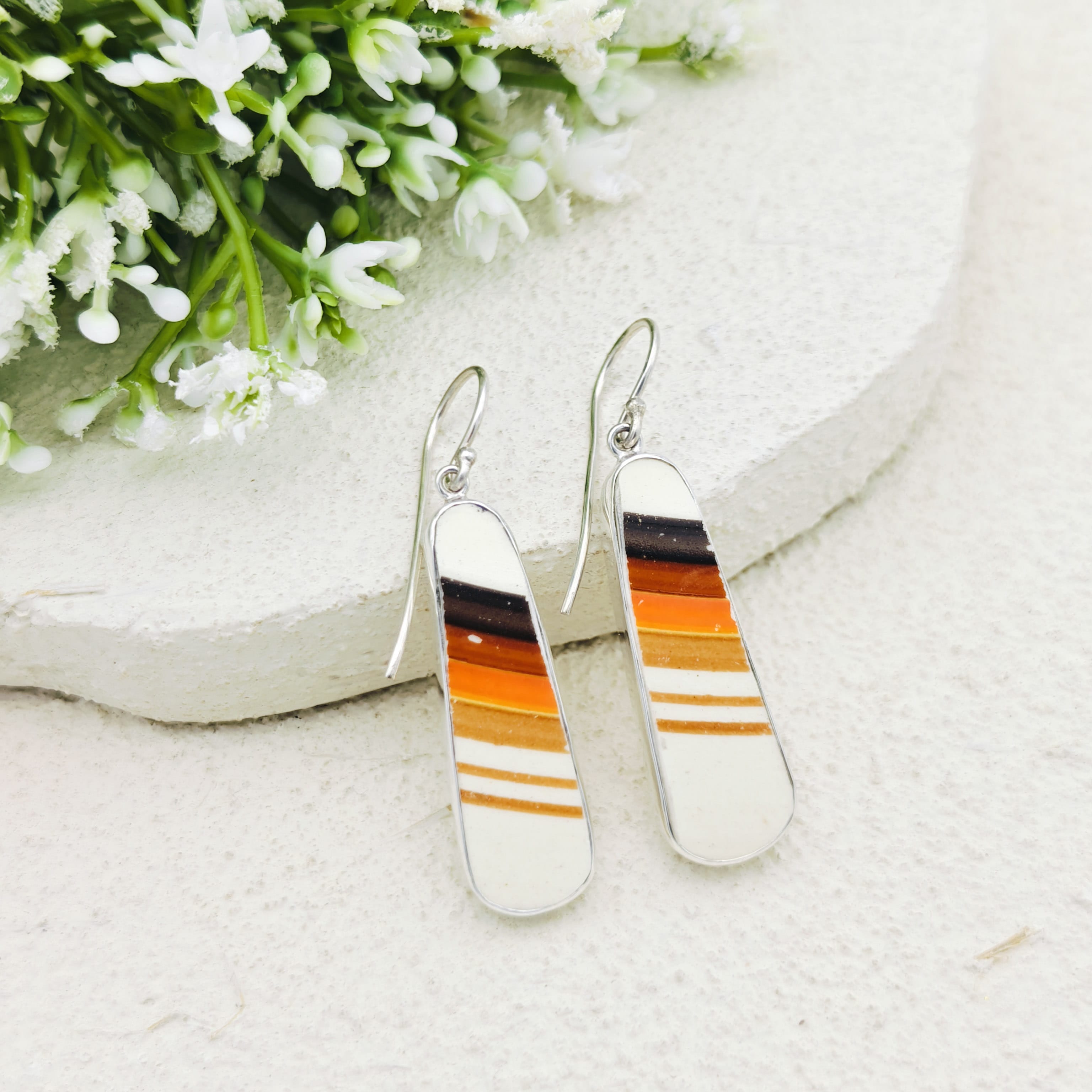 Hepburn and Hughes Art Deco Orange Earrings | Original Clarice Cliff Pottery | 9th Anniversary | Sterling Silver